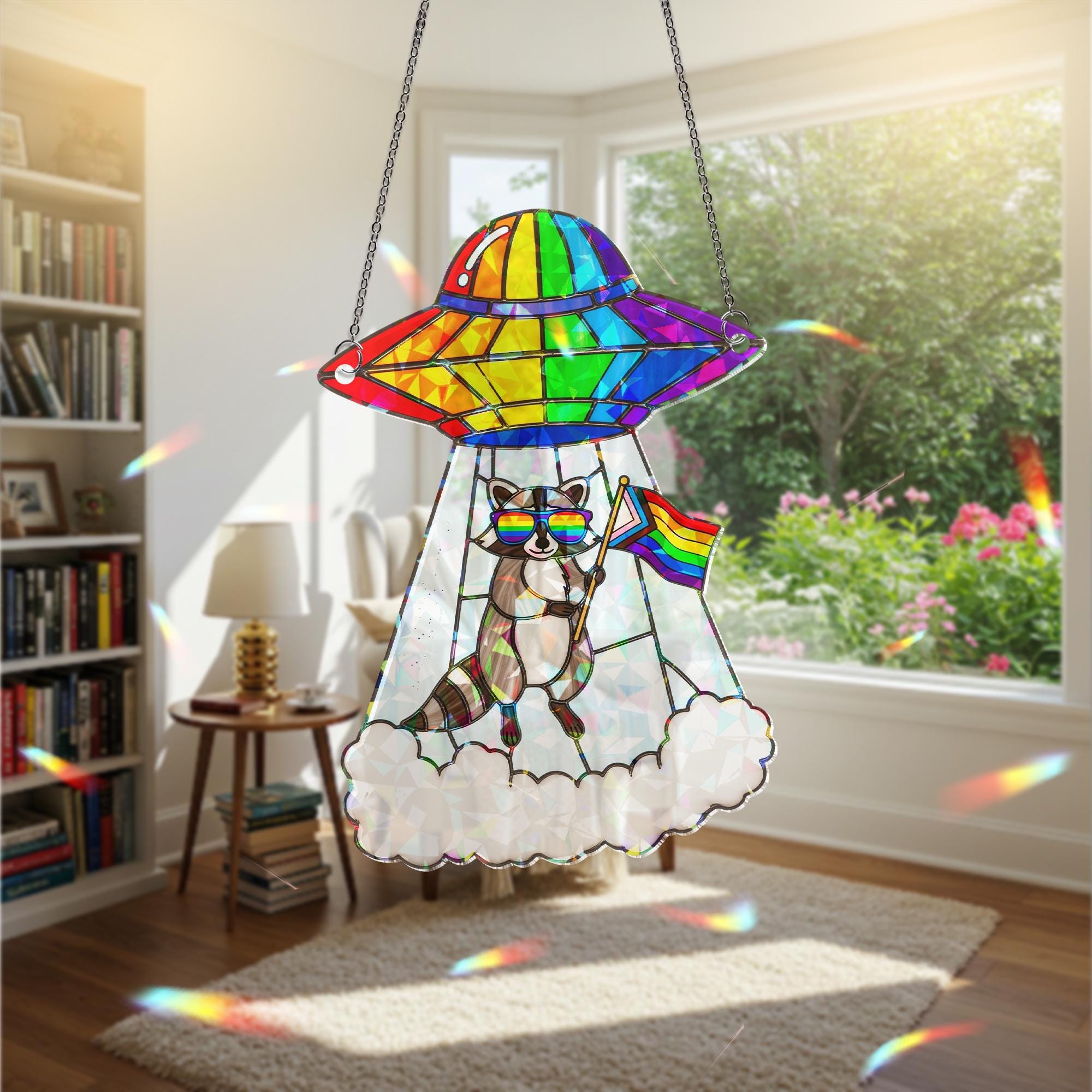 Funny Pride Raccoon UFO Suncatcher | Holographic Acrylic Alien Rainbow Window Decor | LGBTQ+ Quirky Room or Office Gift