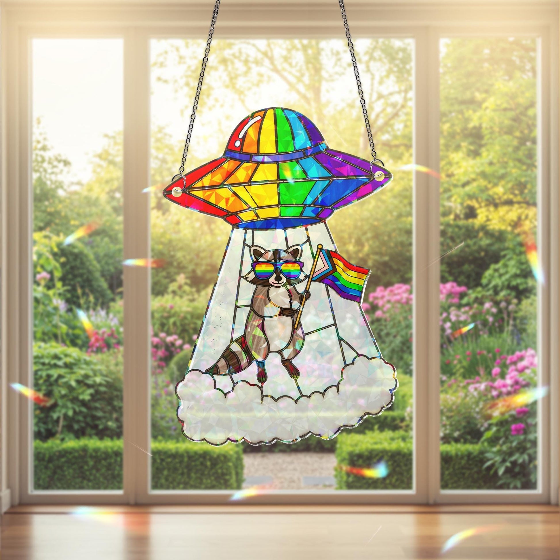 Funny Pride Raccoon UFO Suncatcher | Holographic Acrylic Alien Rainbow Window Decor | LGBTQ+ Quirky Room or Office Gift