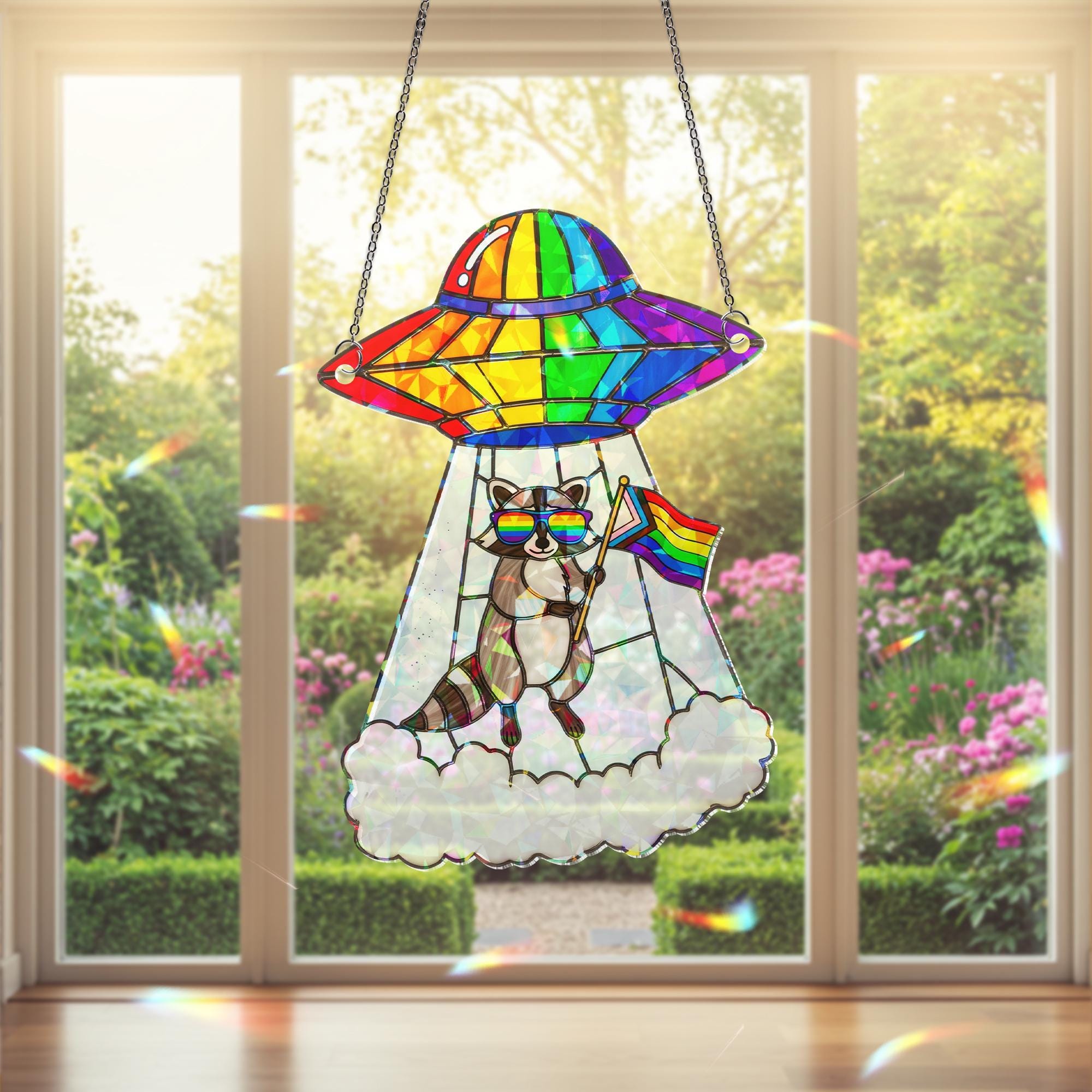 Funny Pride Raccoon UFO Suncatcher | Holographic Acrylic Alien Rainbow Window Decor | LGBTQ+ Quirky Room or Office Gift