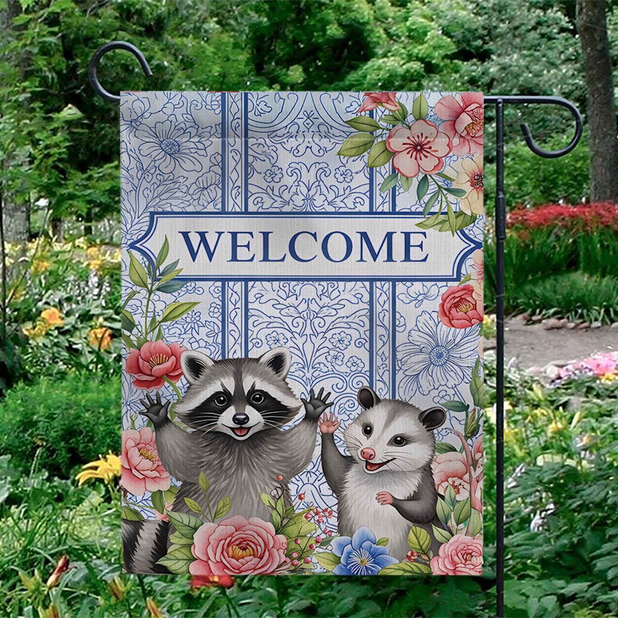 Raccoon And Possum Welcome Garden Flag, Trash Panda House Flag, Kute Animal Flag Decor, Animal Outdoor Banner, Raccoon Lover, Possum Welcome