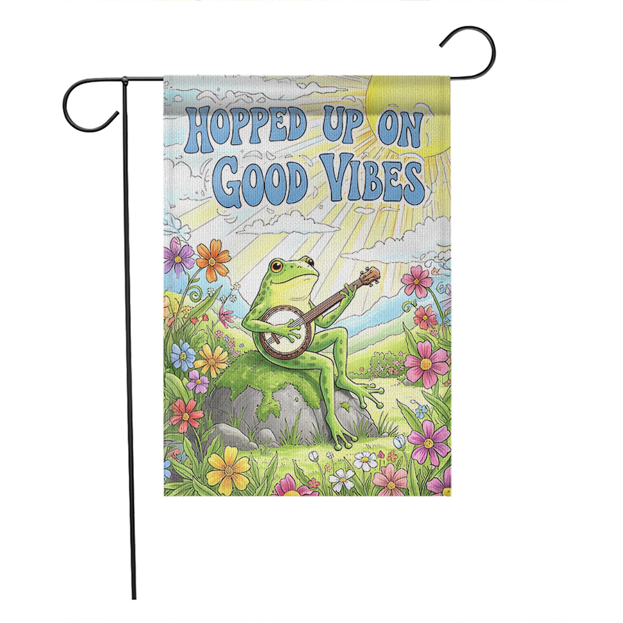 Frog Banjo Garden Flag, Hopped Up On Good Vibes Flag, Funny Outdoor Decor, Spring Yard Sign, Cute Animal Garden Banner, Hippie Flag Style