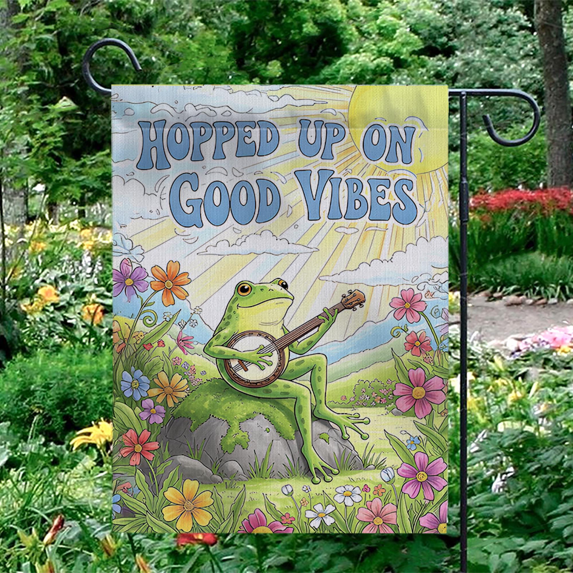 Frog Banjo Garden Flag, Hopped Up On Good Vibes Flag, Funny Outdoor Decor, Spring Yard Sign, Cute Animal Garden Banner, Hippie Flag Style