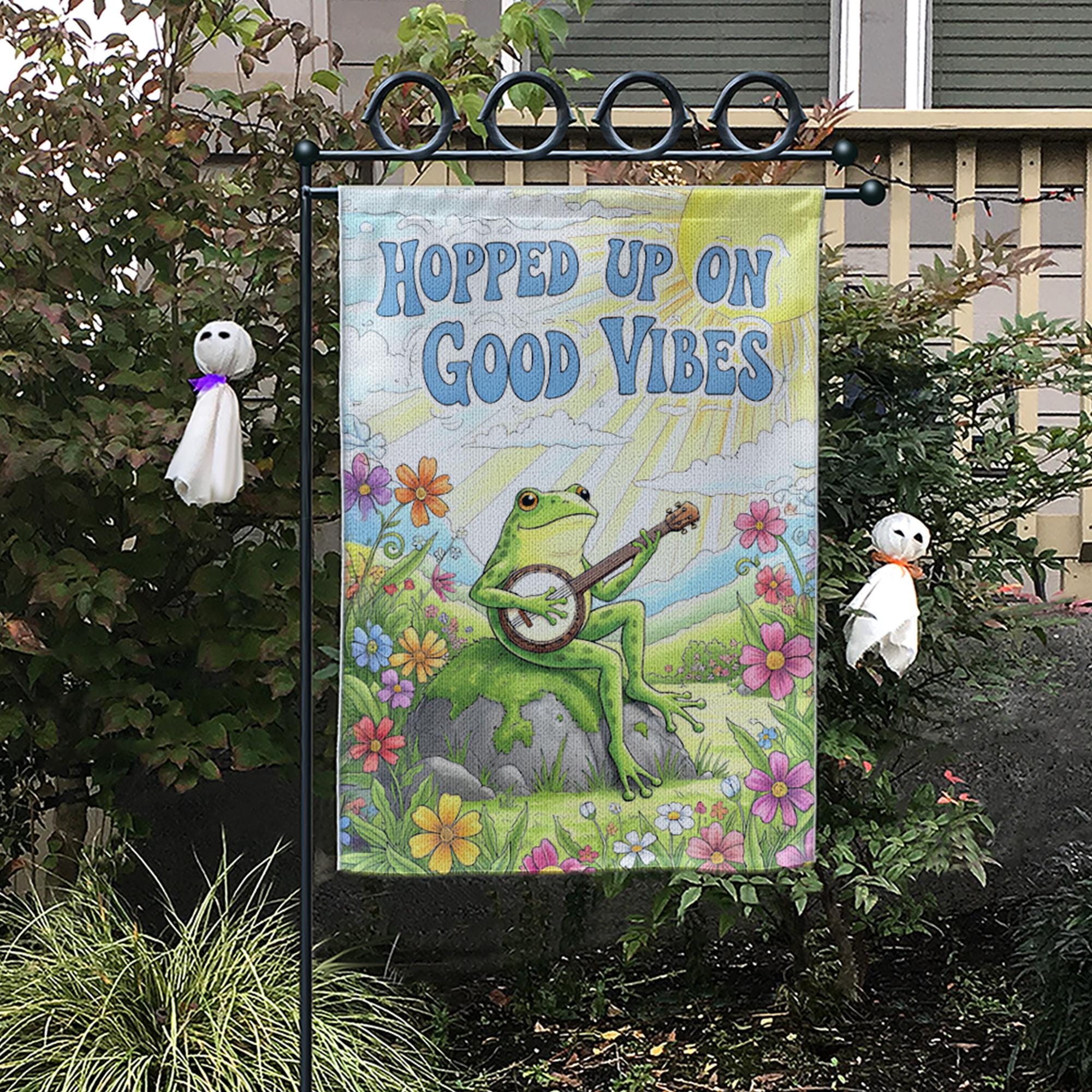 Frog Banjo Garden Flag, Hopped Up On Good Vibes Flag, Funny Outdoor Decor, Spring Yard Sign, Cute Animal Garden Banner, Hippie Flag Style
