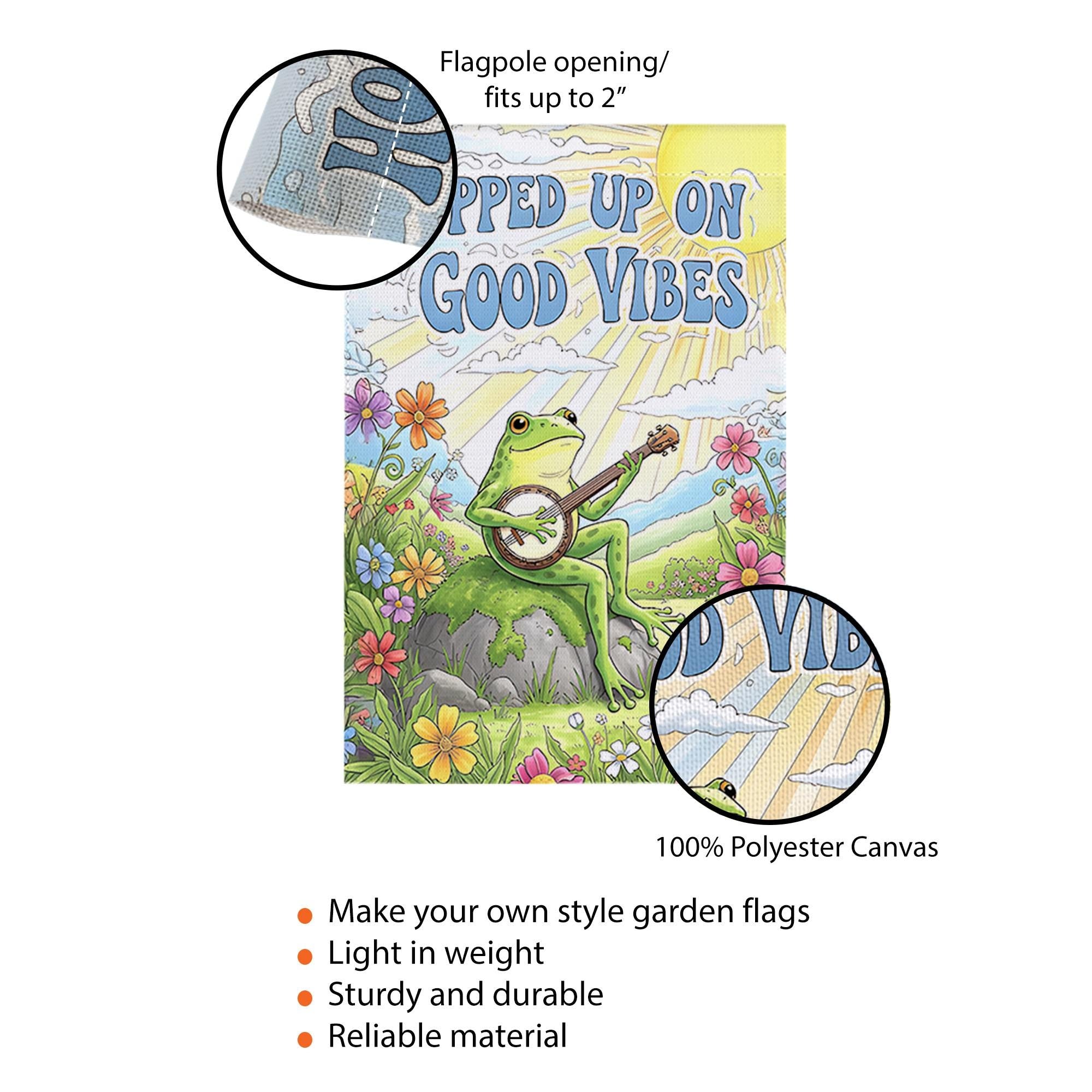 Frog Banjo Garden Flag, Hopped Up On Good Vibes Flag, Funny Outdoor Decor, Spring Yard Sign, Cute Animal Garden Banner, Hippie Flag Style