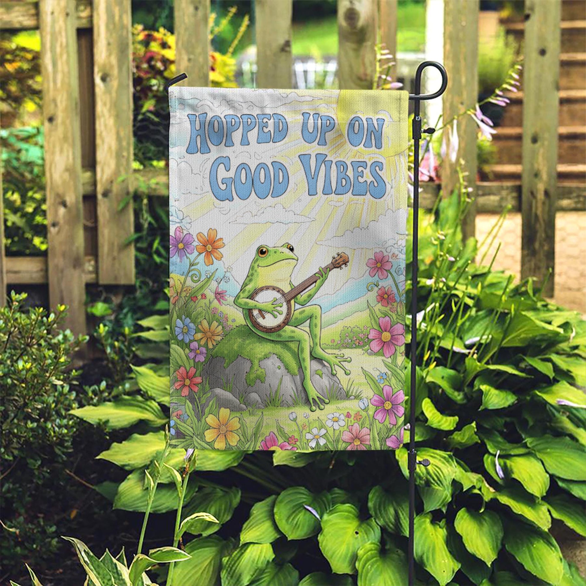 Frog Banjo Garden Flag, Hopped Up On Good Vibes Flag, Funny Outdoor Decor, Spring Yard Sign, Cute Animal Garden Banner, Hippie Flag Style
