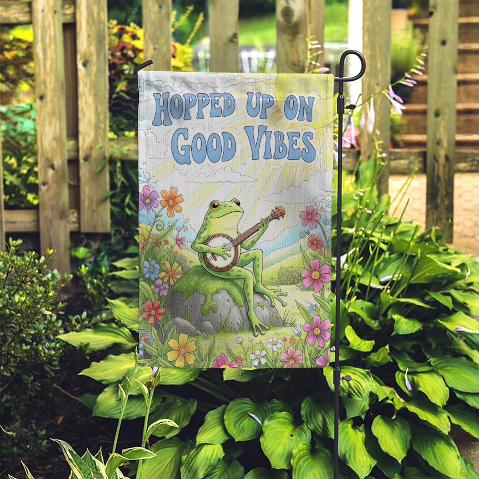 Frog Banjo Garden Flag, Hopped Up On Good Vibes Flag, Funny Outdoor Decor, Spring Yard Sign, Cute Animal Garden Banner, Hippie Flag Style