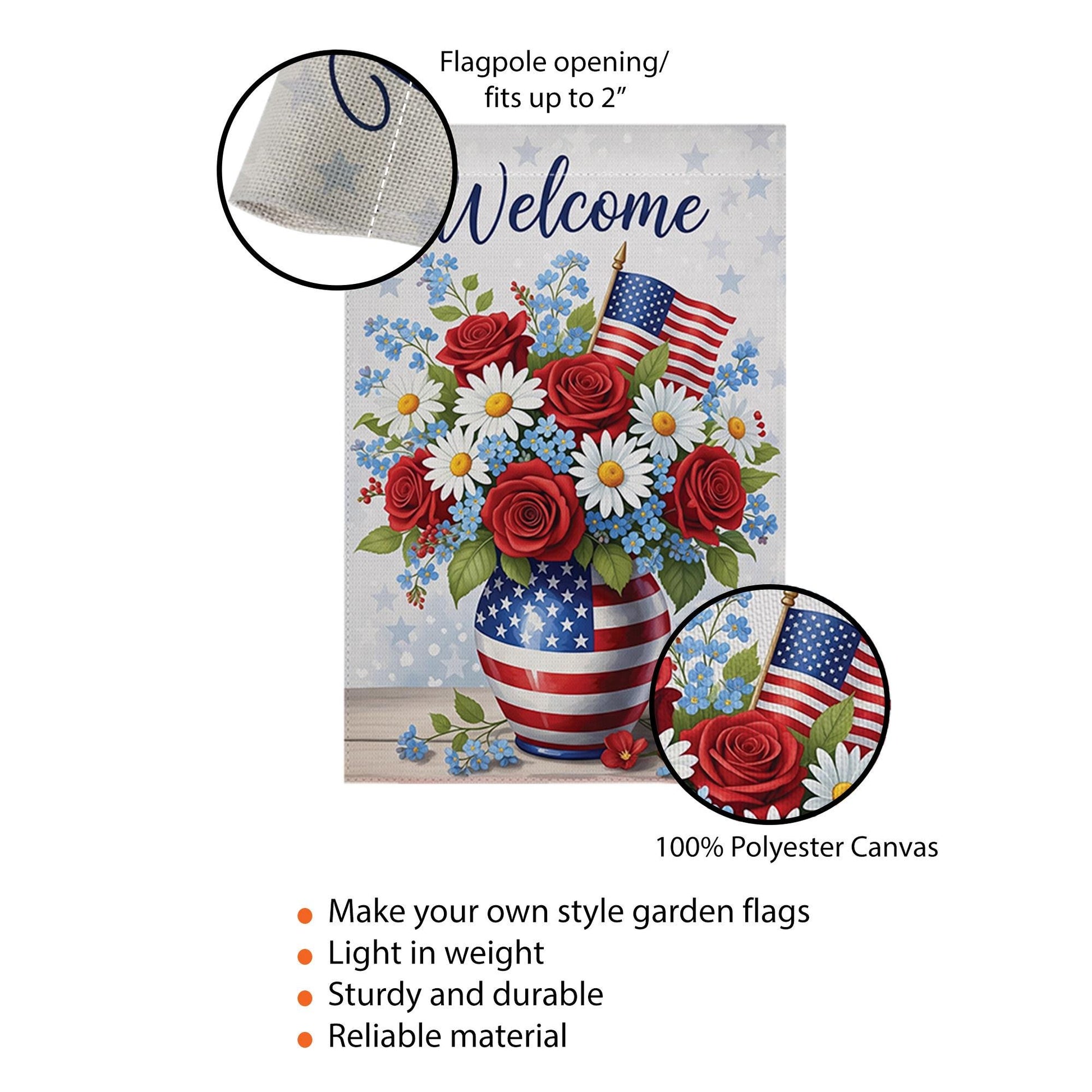 Welcome 4th of July Garden Flag – Patriotic Floral American Flag Yard Decor, Summer Outdoor Decoration, Red White Blue Welcome Banner