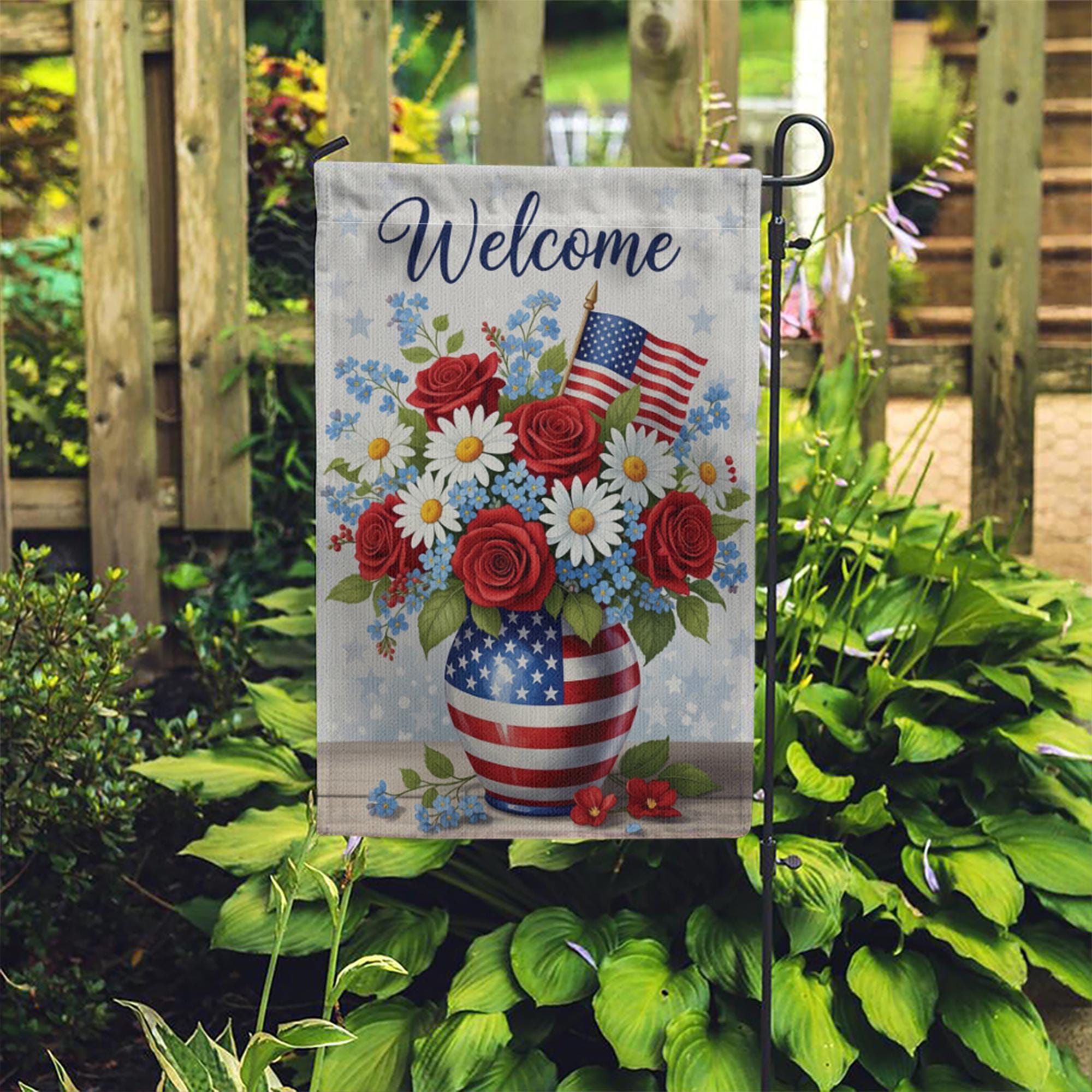 Welcome 4th of July Garden Flag – Patriotic Floral American Flag Yard Decor, Summer Outdoor Decoration, Red White Blue Welcome Banner