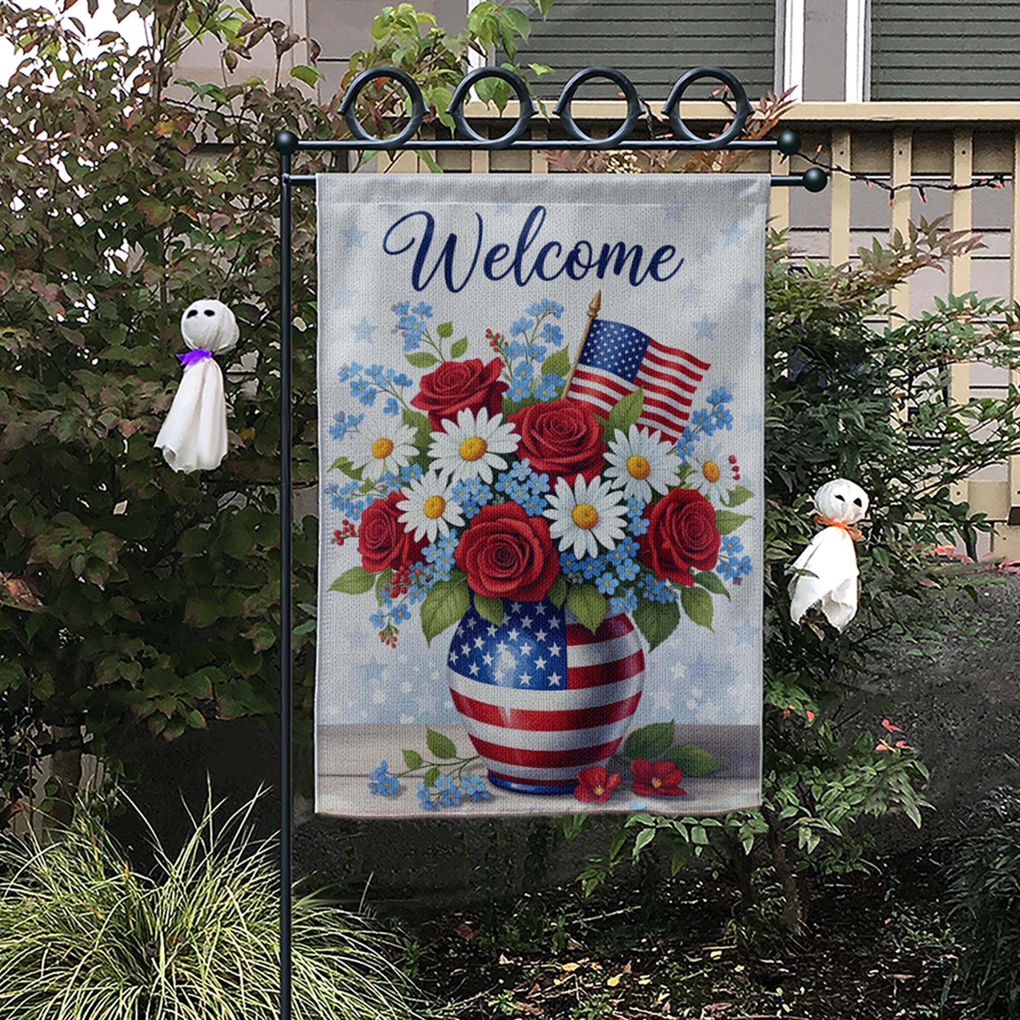 Welcome 4th of July Garden Flag – Patriotic Floral American Flag Yard Decor, Summer Outdoor Decoration, Red White Blue Welcome Banner