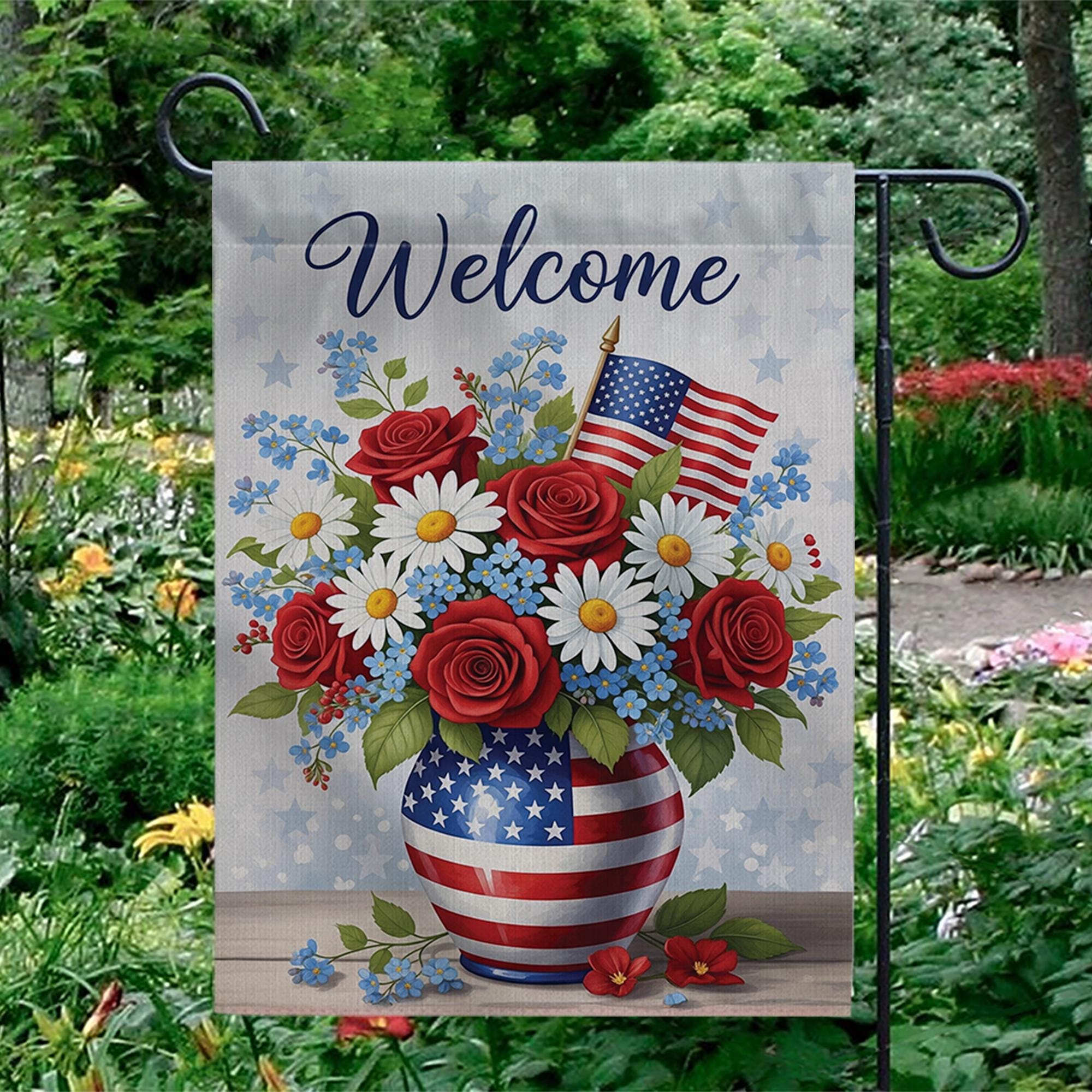 Welcome 4th of July Garden Flag – Patriotic Floral American Flag Yard Decor, Summer Outdoor Decoration, Red White Blue Welcome Banner