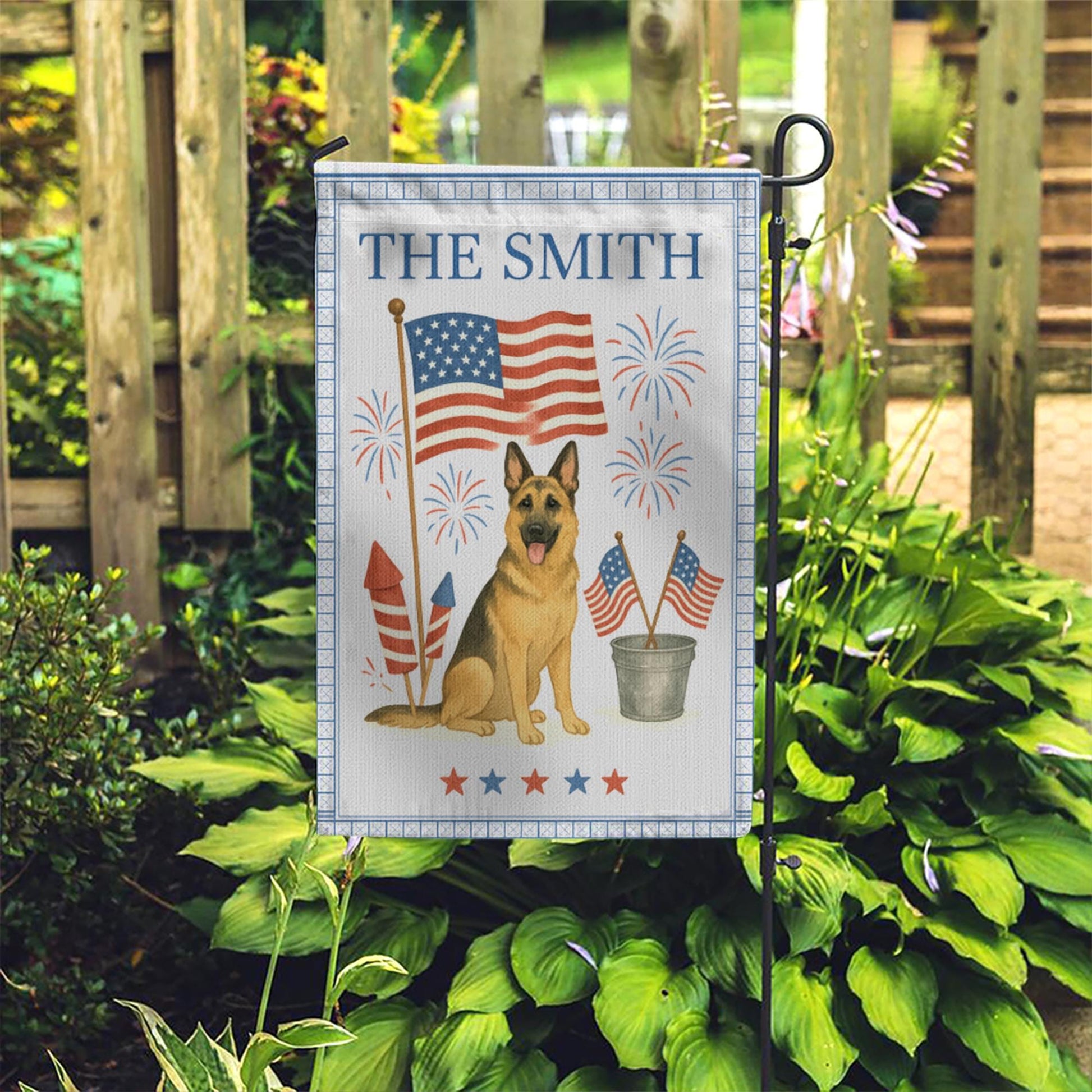 Custom 4th of July Dog Garden Flag | Personalized Patriotic Yard Banner | American Flag Fireworks Decor | Family Name Outdoor Sign