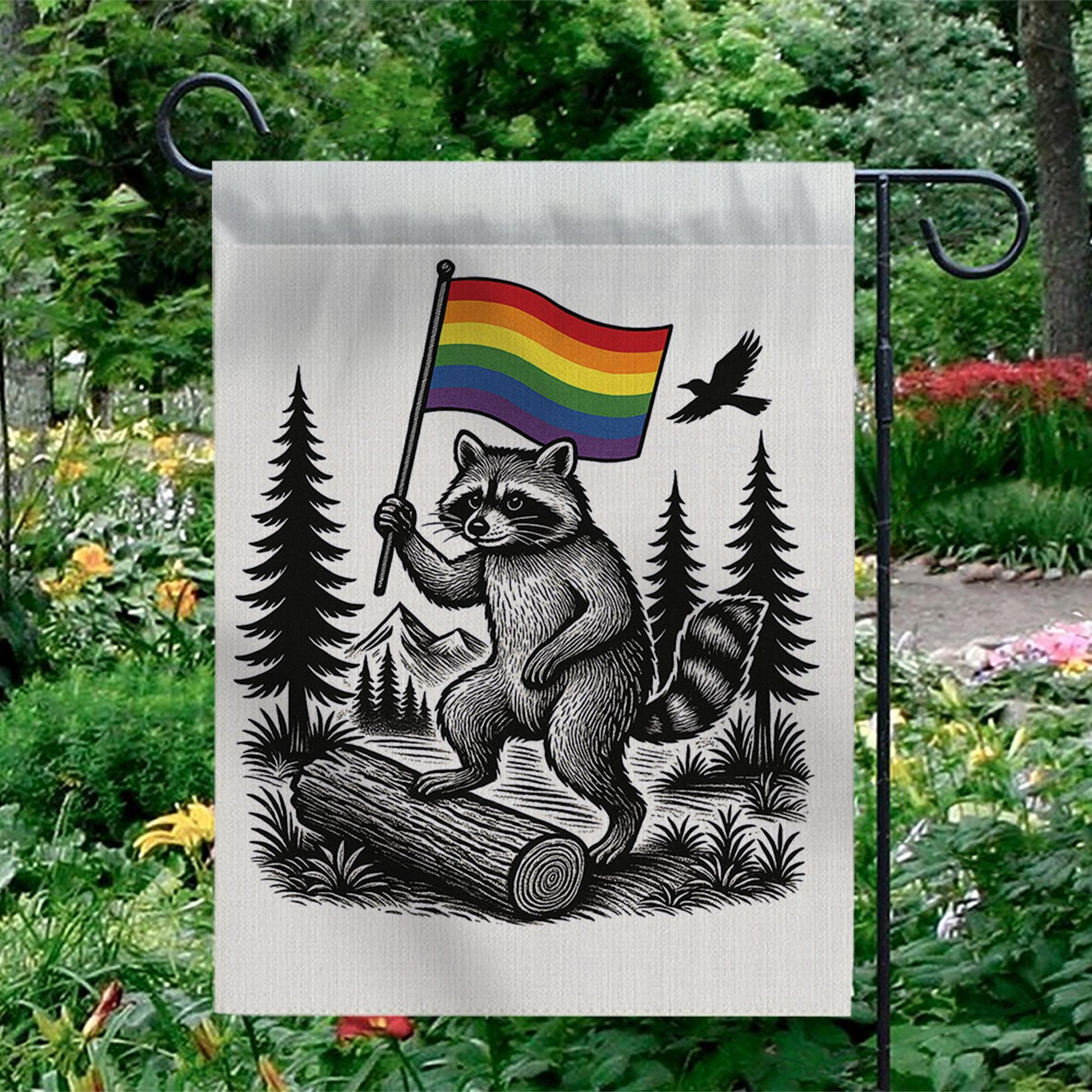 LGBT Raccoon Garden Flag – Rainbow Pride Outdoor Yard Decor, LGBTQ+ Forest Theme Flag, Funny Gay Pride Flag for Garden or Patio