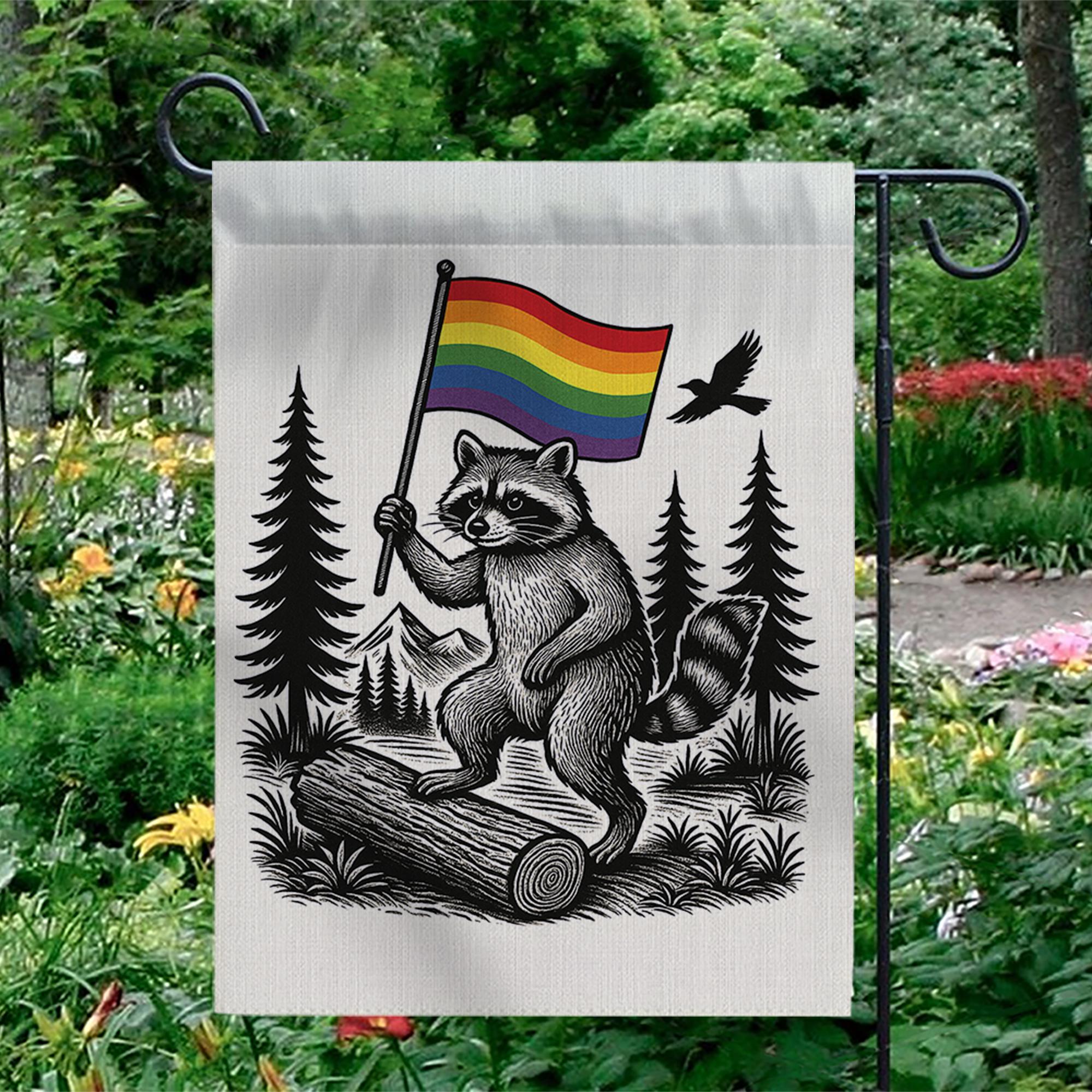 LGBT Raccoon Garden Flag – Rainbow Pride Outdoor Yard Decor, LGBTQ+ Forest Theme Flag, Funny Gay Pride Flag for Garden or Patio