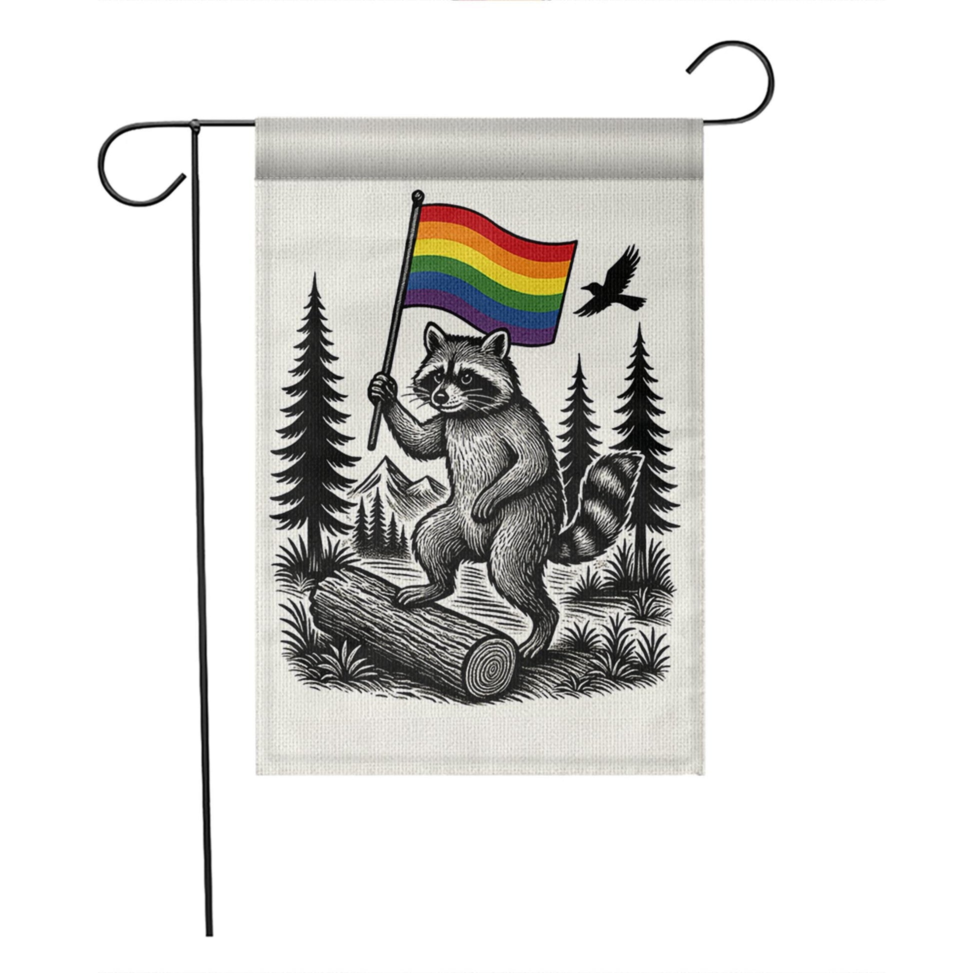LGBT Raccoon Garden Flag – Rainbow Pride Outdoor Yard Decor, LGBTQ+ Forest Theme Flag, Funny Gay Pride Flag for Garden or Patio