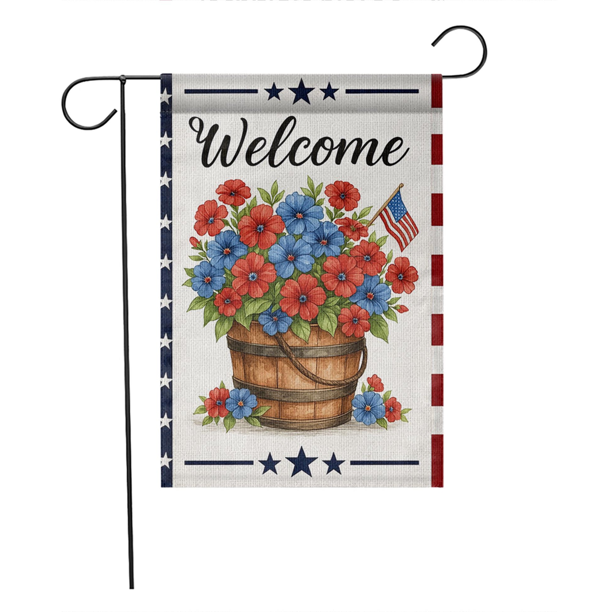 Patriotic Welcome Garden Flag – Red Blue Floral Basket with USA Flag, Outdoor Yard Decor for 4th of July & Summer
