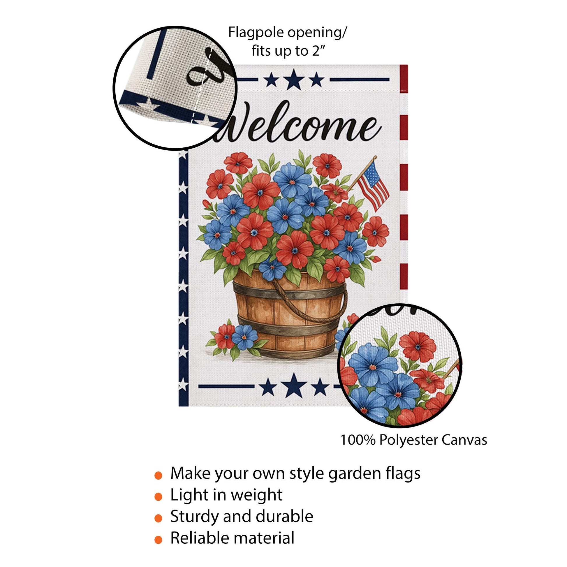 Patriotic Welcome Garden Flag – Red Blue Floral Basket with USA Flag, Outdoor Yard Decor for 4th of July & Summer