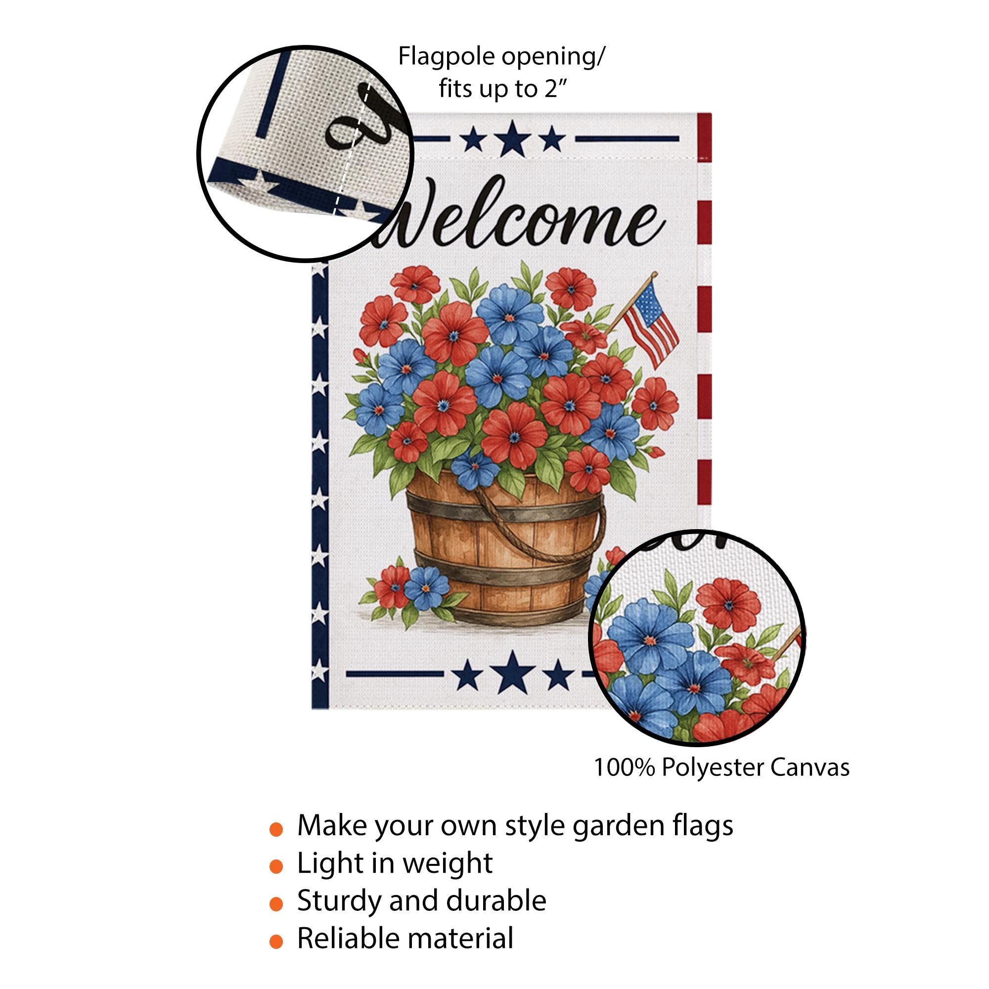Patriotic Welcome Garden Flag – Red Blue Floral Basket with USA Flag, Outdoor Yard Decor for 4th of July & Summer