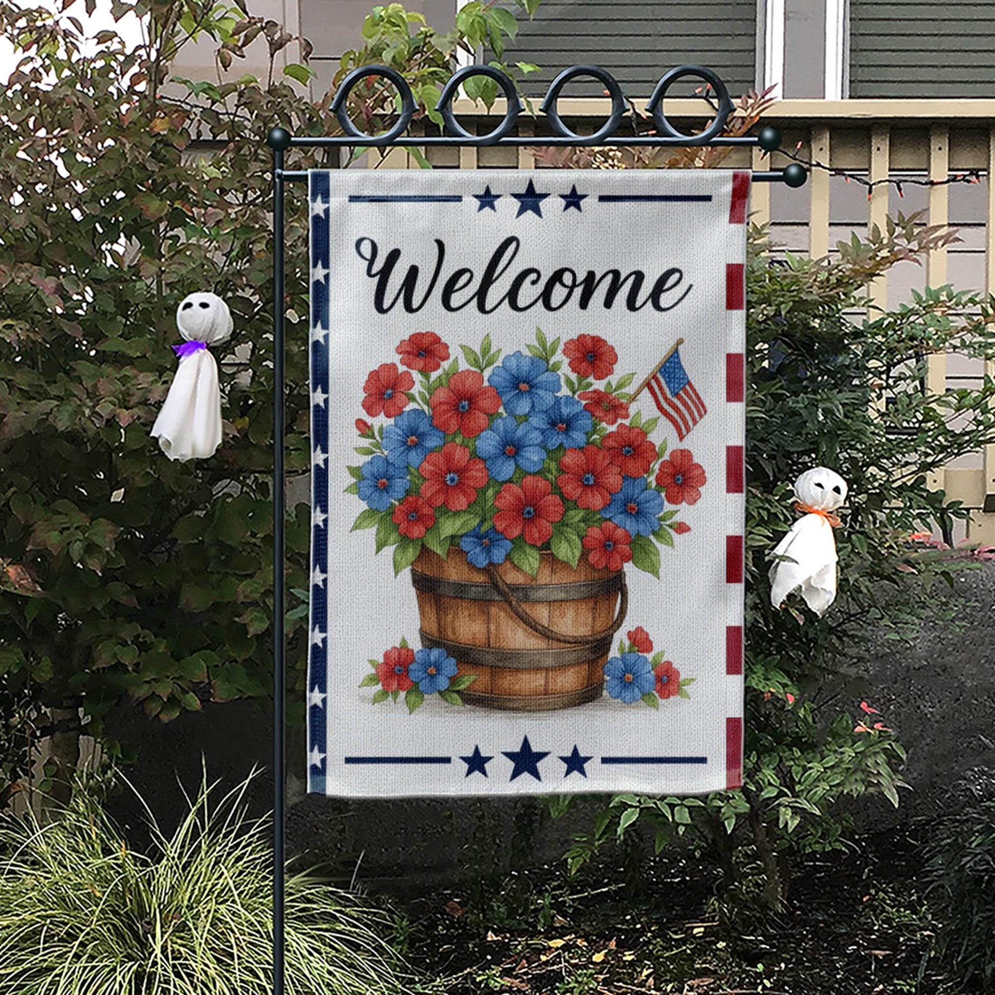 Patriotic Welcome Garden Flag – Red Blue Floral Basket with USA Flag, Outdoor Yard Decor for 4th of July & Summer