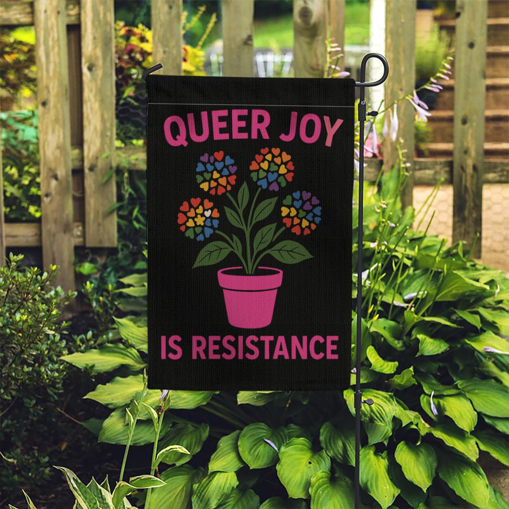 Queer Joy Is Resistance Garden Flag – LGBT Pride Yard Decor, Rainbow Flower Pot Flag, Inclusive LGBTQ+ Outdoor Banner for Lawn or Patio