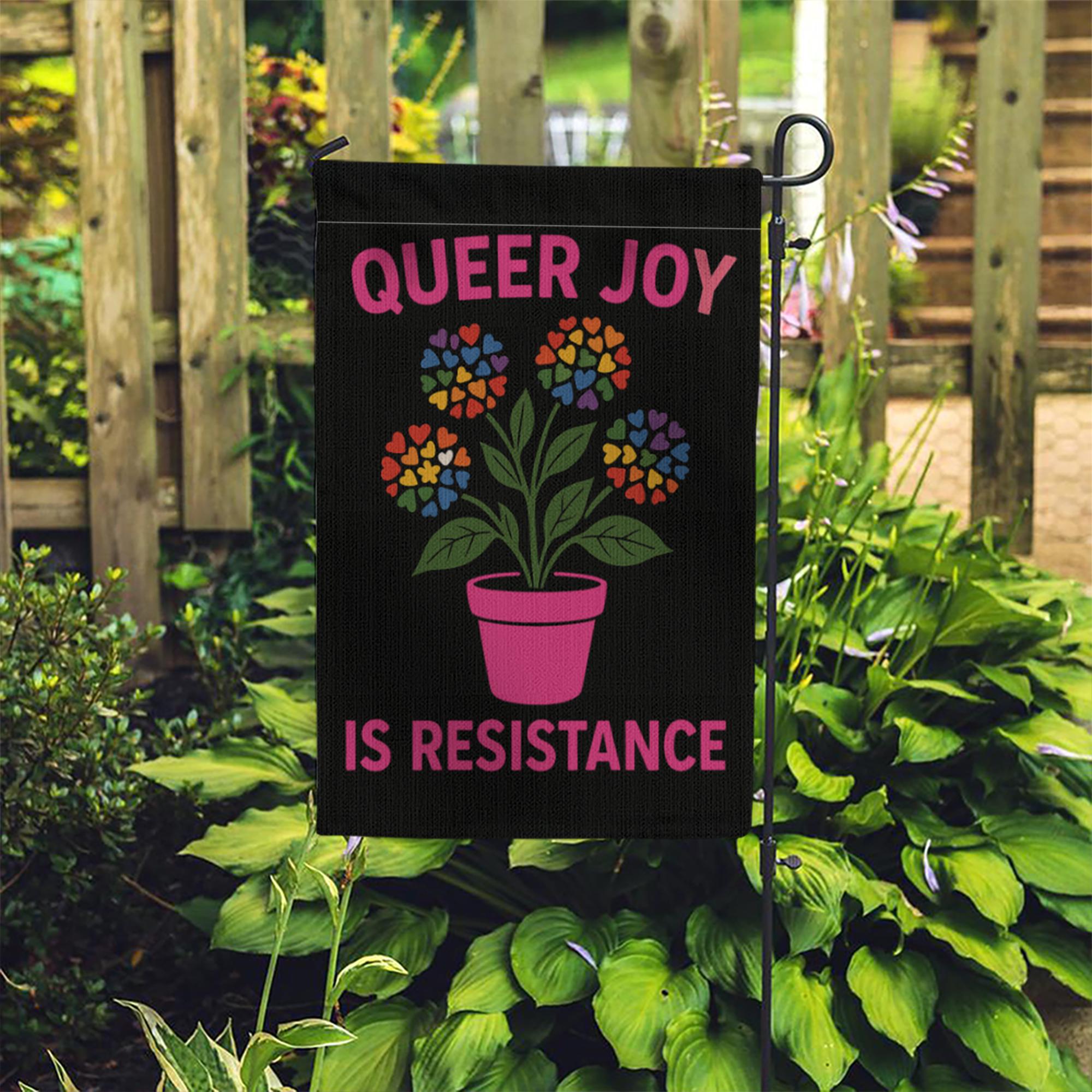 Queer Joy Is Resistance Garden Flag – LGBT Pride Yard Decor, Rainbow Flower Pot Flag, Inclusive LGBTQ+ Outdoor Banner for Lawn or Patio