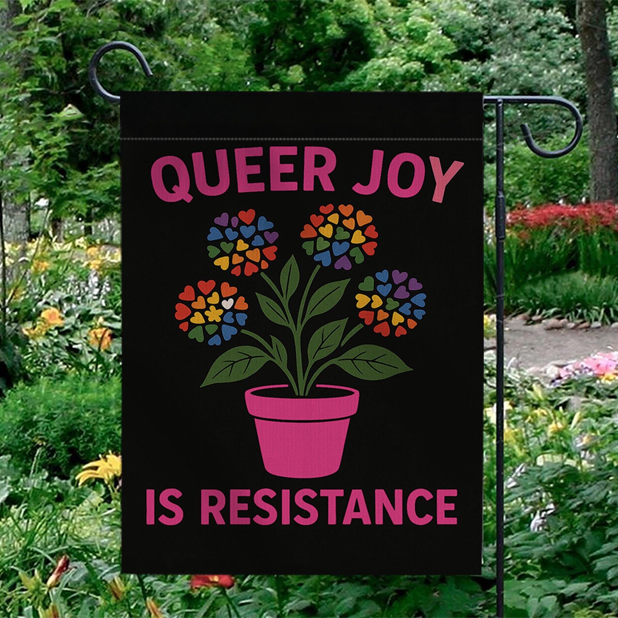 Queer Joy Is Resistance Garden Flag – LGBT Pride Yard Decor, Rainbow Flower Pot Flag, Inclusive LGBTQ+ Outdoor Banner for Lawn or Patio
