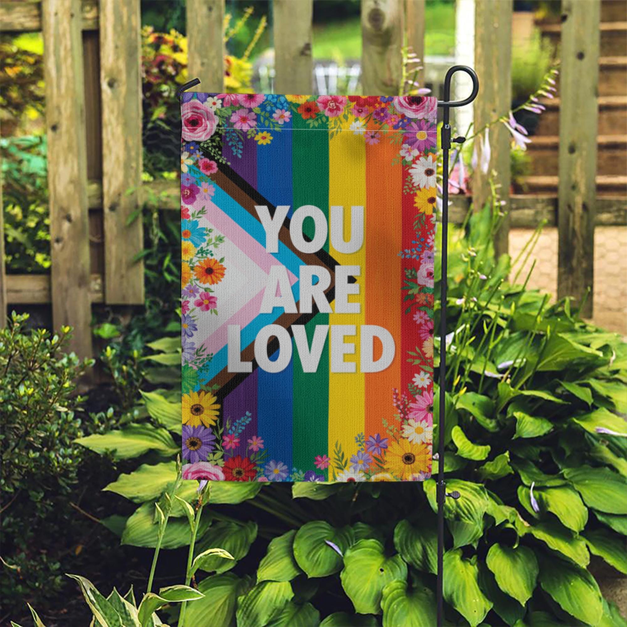 You Are Loved Pride Garden Flag – LGBTQ+ Progress Rainbow Flag with Flowers, Outdoor Yard Decor for Pride Month, Inclusive Love Sign