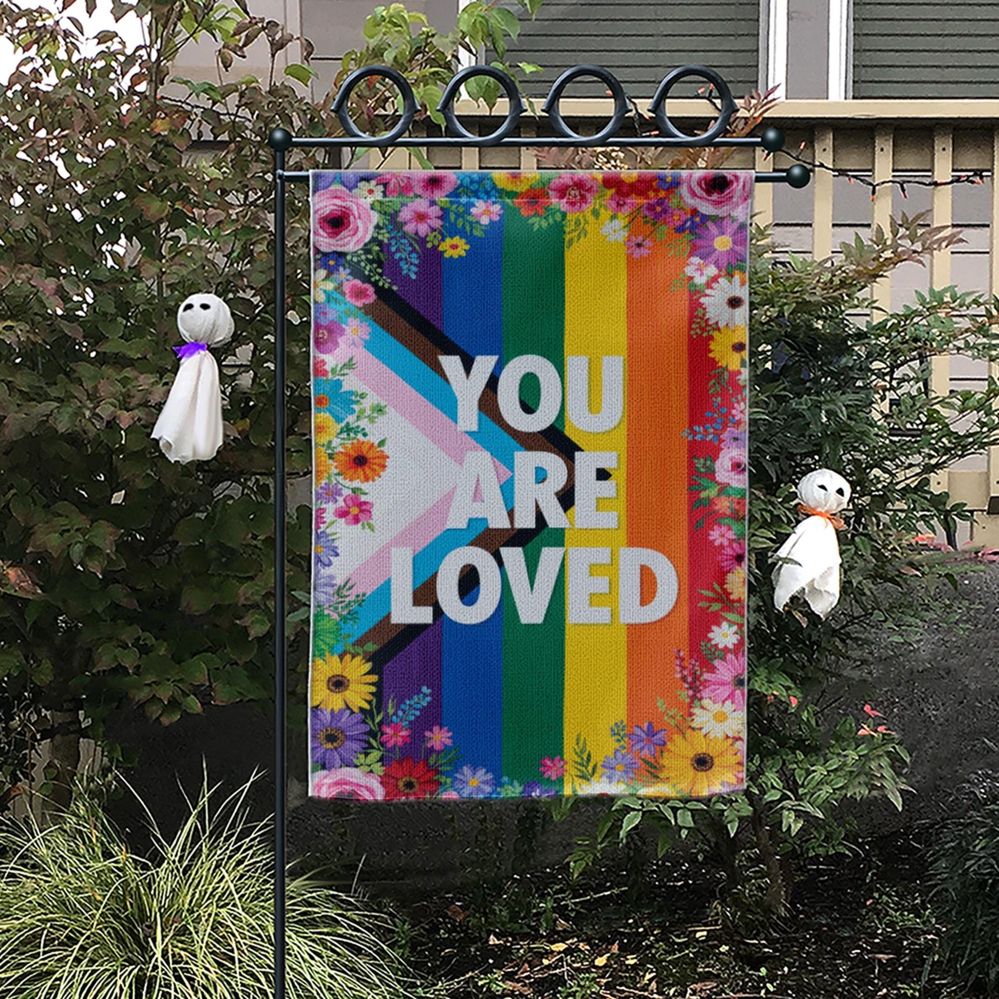 You Are Loved Pride Garden Flag – LGBTQ+ Progress Rainbow Flag with Flowers, Outdoor Yard Decor for Pride Month, Inclusive Love Sign