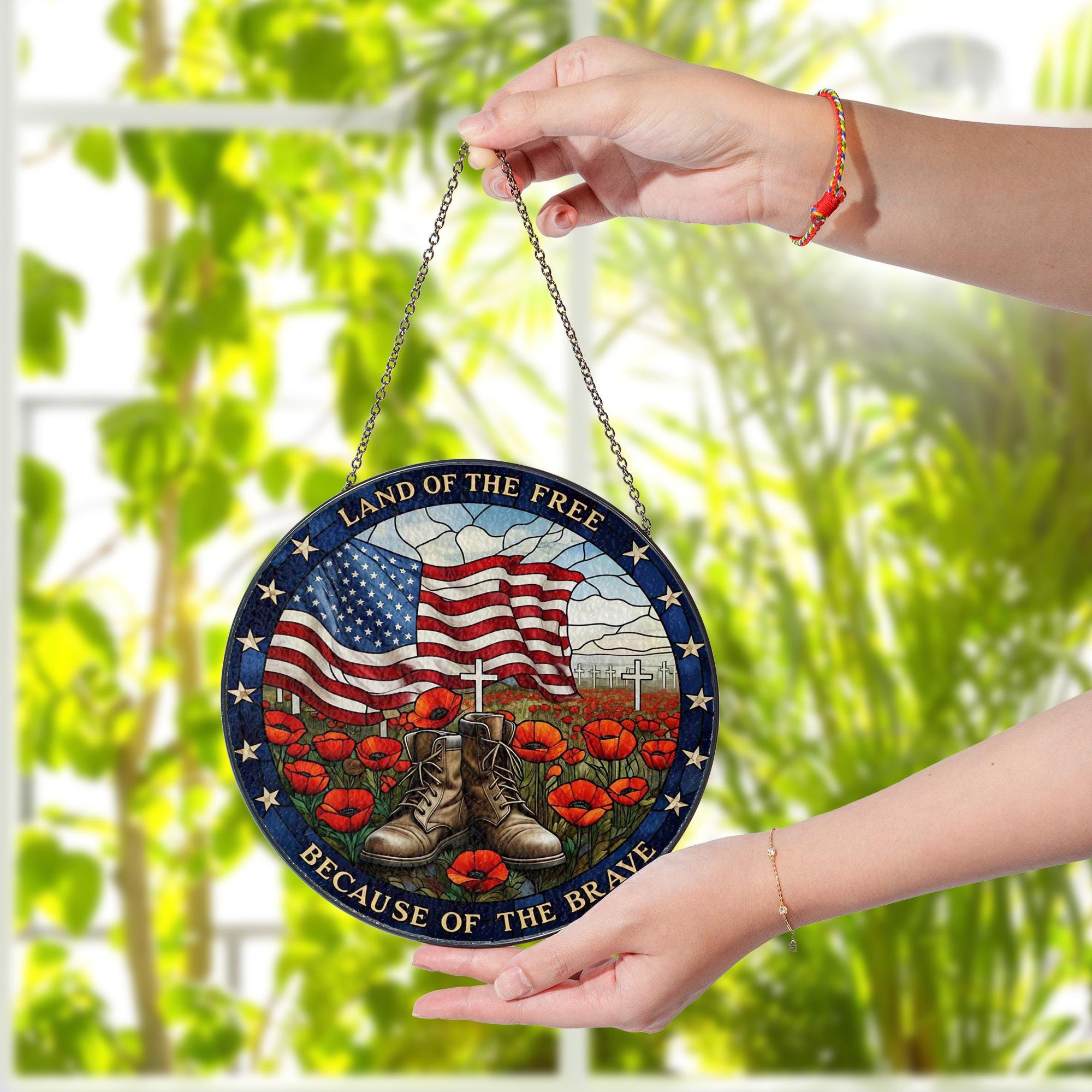 Patriotic Glass Suncatcher – Land of the Free Memorial Hanging Decor with Flag, Boots & Poppies, USA Tribute Gift