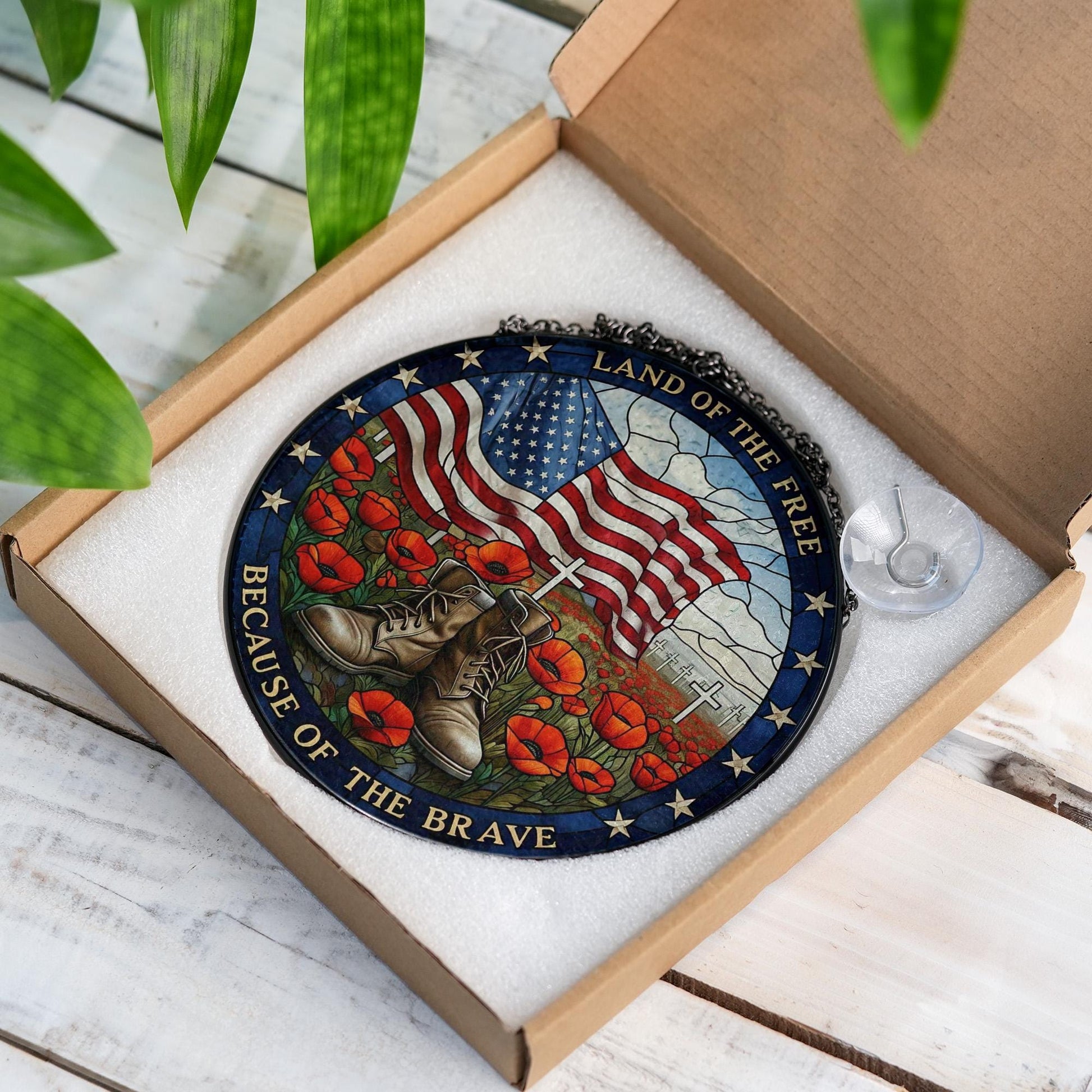 Patriotic Glass Suncatcher – Land of the Free Memorial Hanging Decor with Flag, Boots & Poppies, USA Tribute Gift