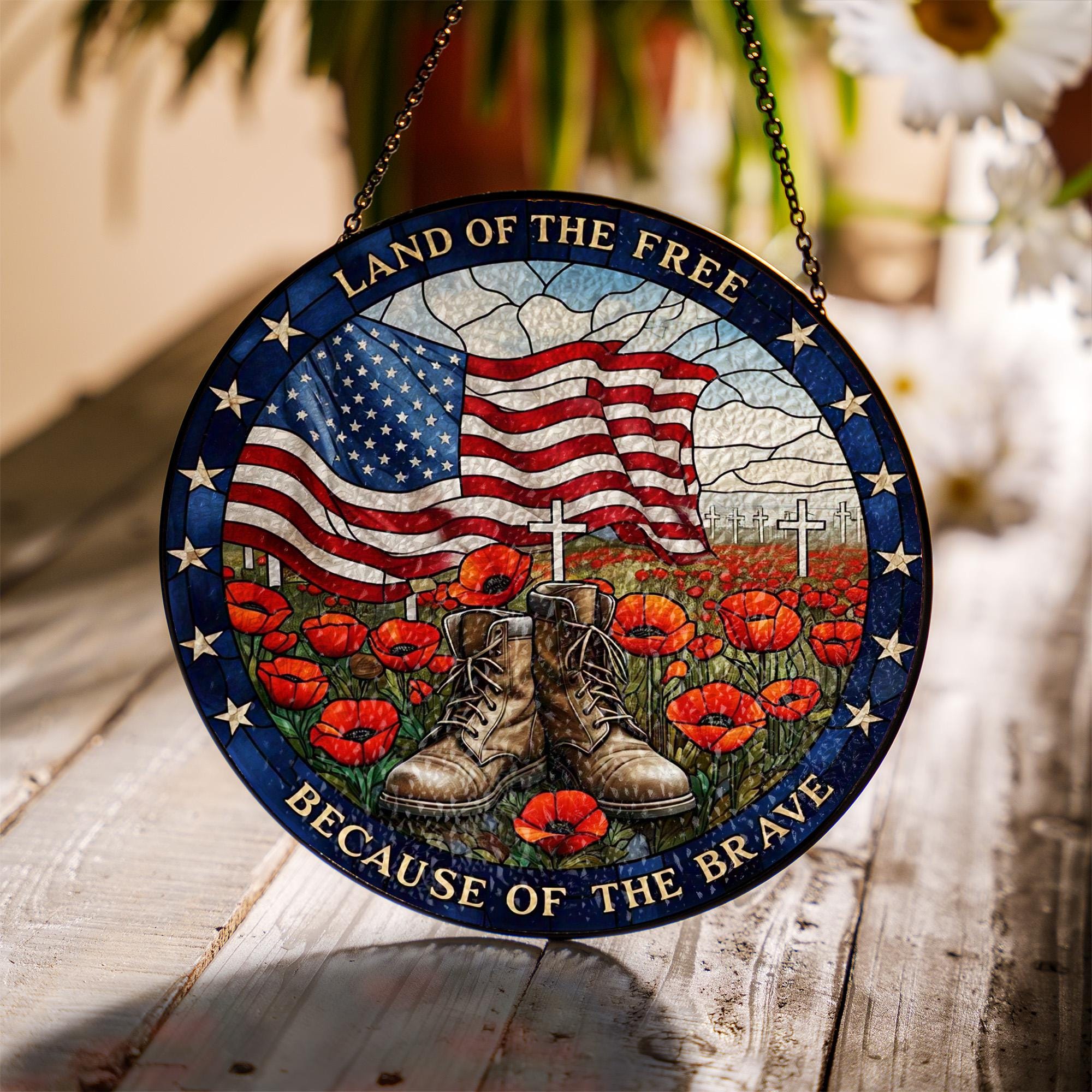 Patriotic Glass Suncatcher – Land of the Free Memorial Hanging Decor with Flag, Boots & Poppies, USA Tribute Gift