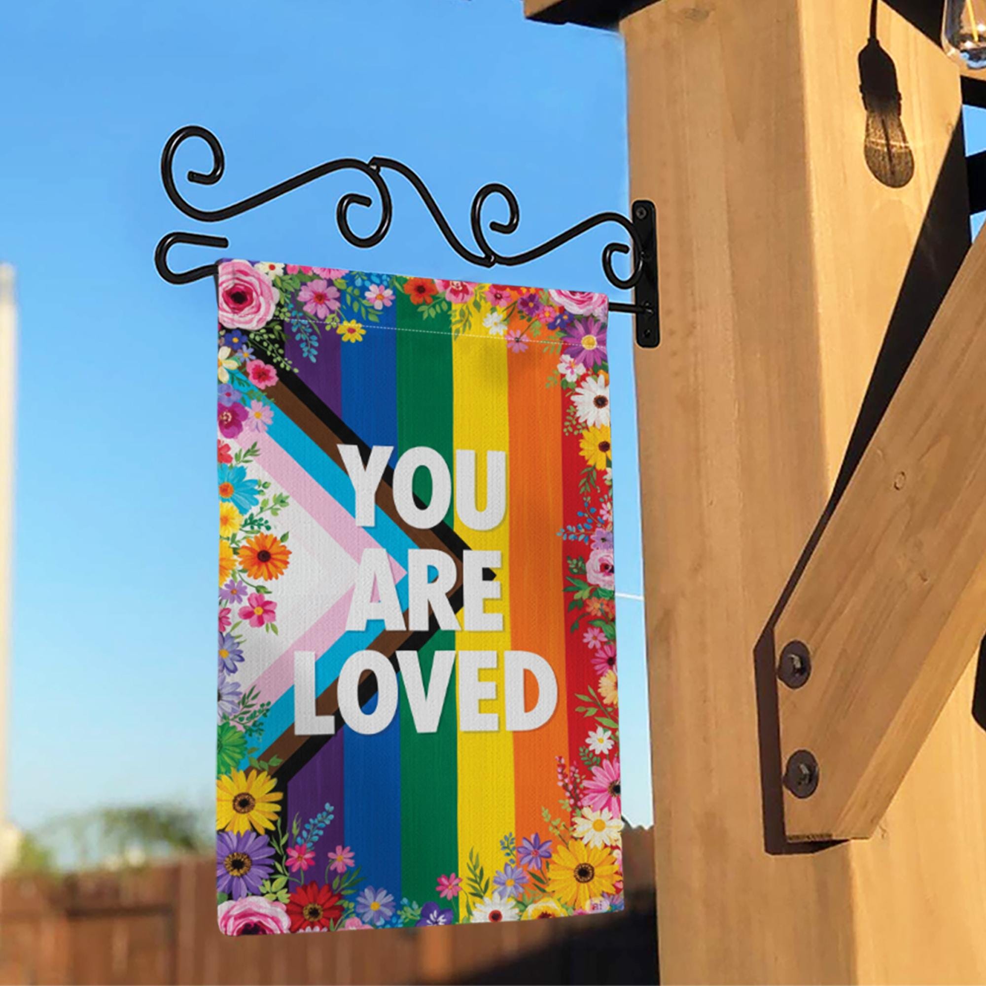 You Are Loved Pride Garden Flag – LGBTQ+ Progress Rainbow Flag with Flowers, Outdoor Yard Decor for Pride Month, Inclusive Love Sign