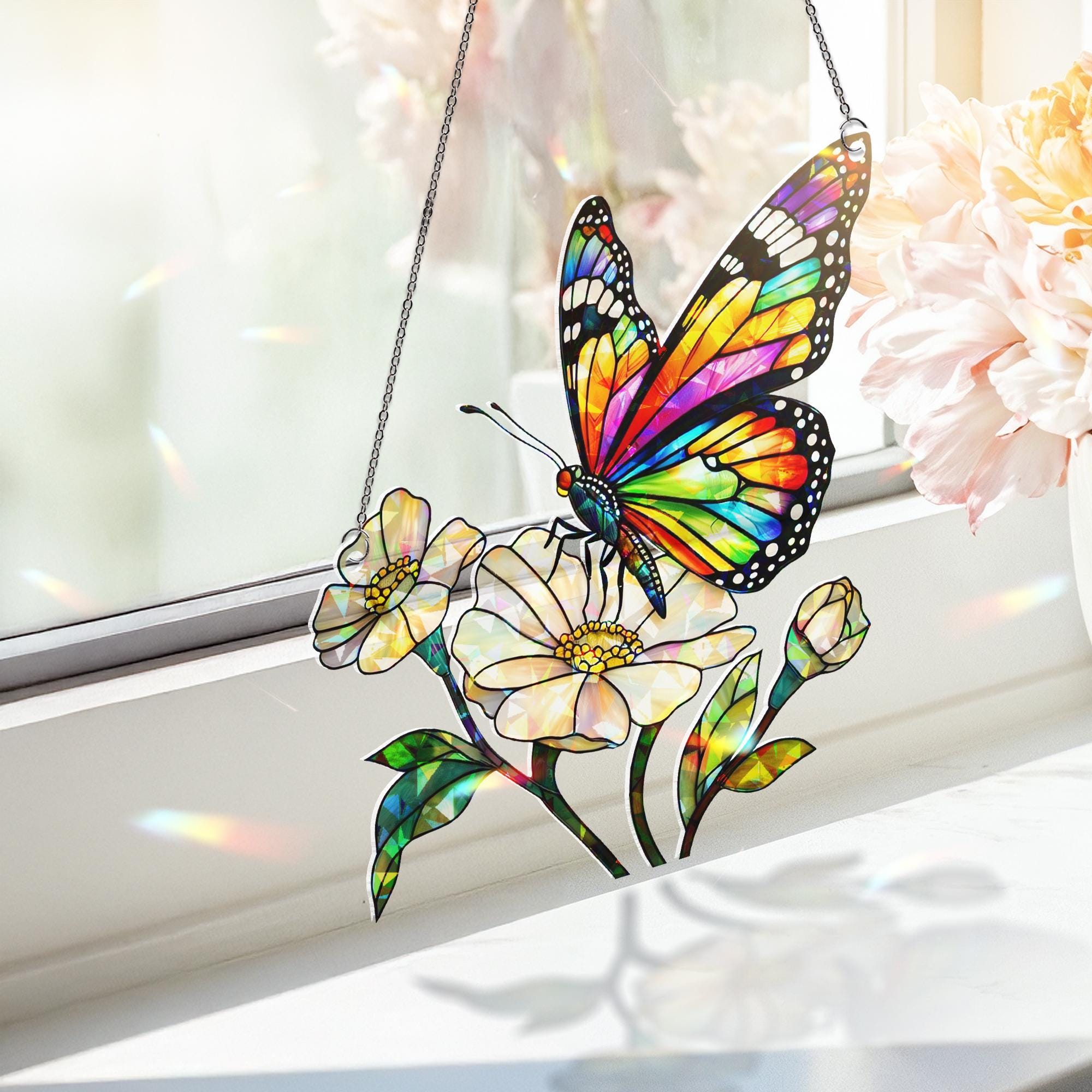 Rainbow Butterfly Acrylic Window Hanging – Holographic LGBT Pride Suncatcher, Colorful Boho Wall Decor Gift