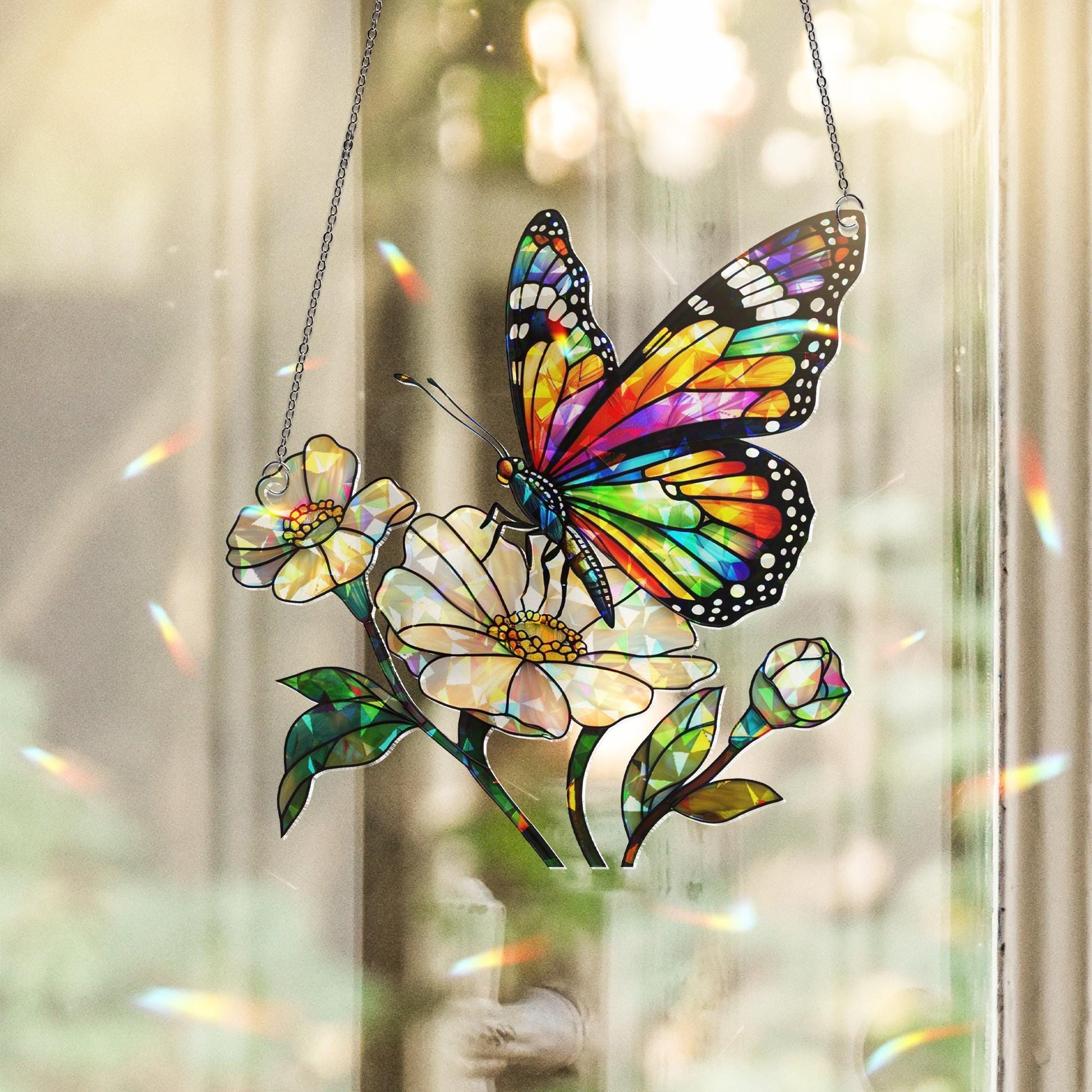 Rainbow Butterfly Acrylic Window Hanging – Holographic LGBT Pride Suncatcher, Colorful Boho Wall Decor Gift