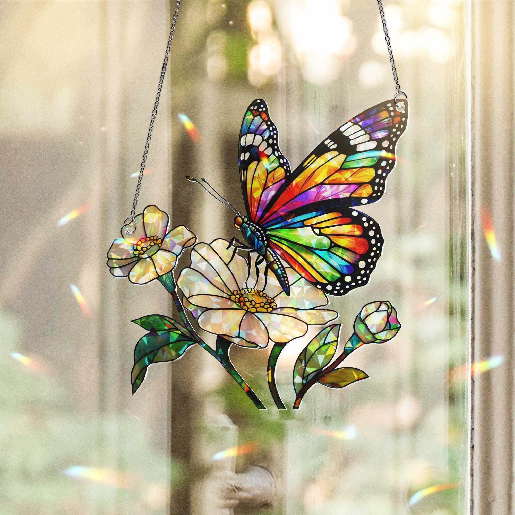 Rainbow Butterfly Acrylic Window Hanging – Holographic LGBT Pride Suncatcher, Colorful Boho Wall Decor Gift