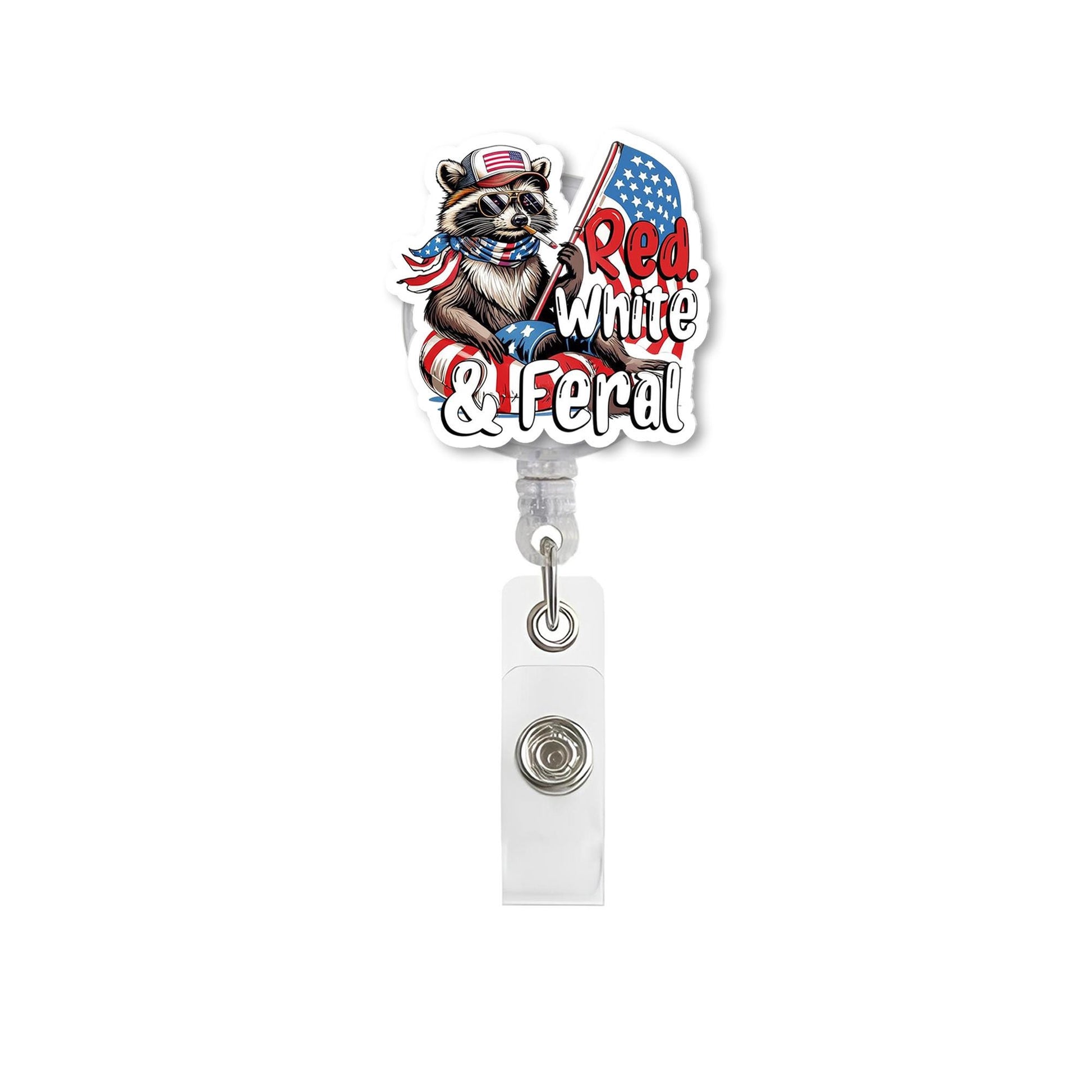 Red White and Feral Badge Reel – Funny Patriotic Raccoon ID Holder, 4th of July RN Badge Clip, Independence Day Work Accessory