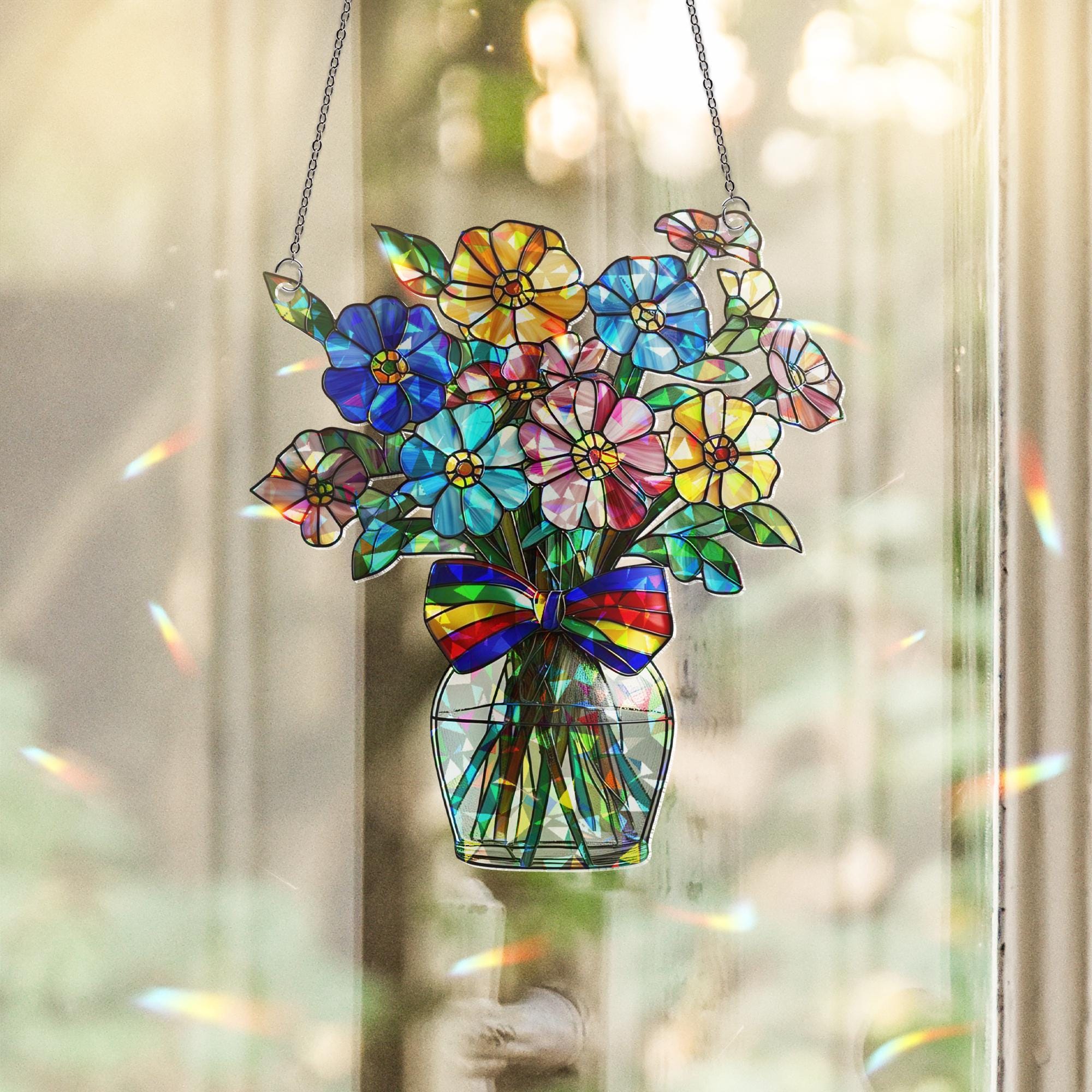 Rainbow Flower Vase Acrylic Window Hanging – Holographic LGBT Pride Suncatcher, Colorful Queer Boho Home Decor Gift
