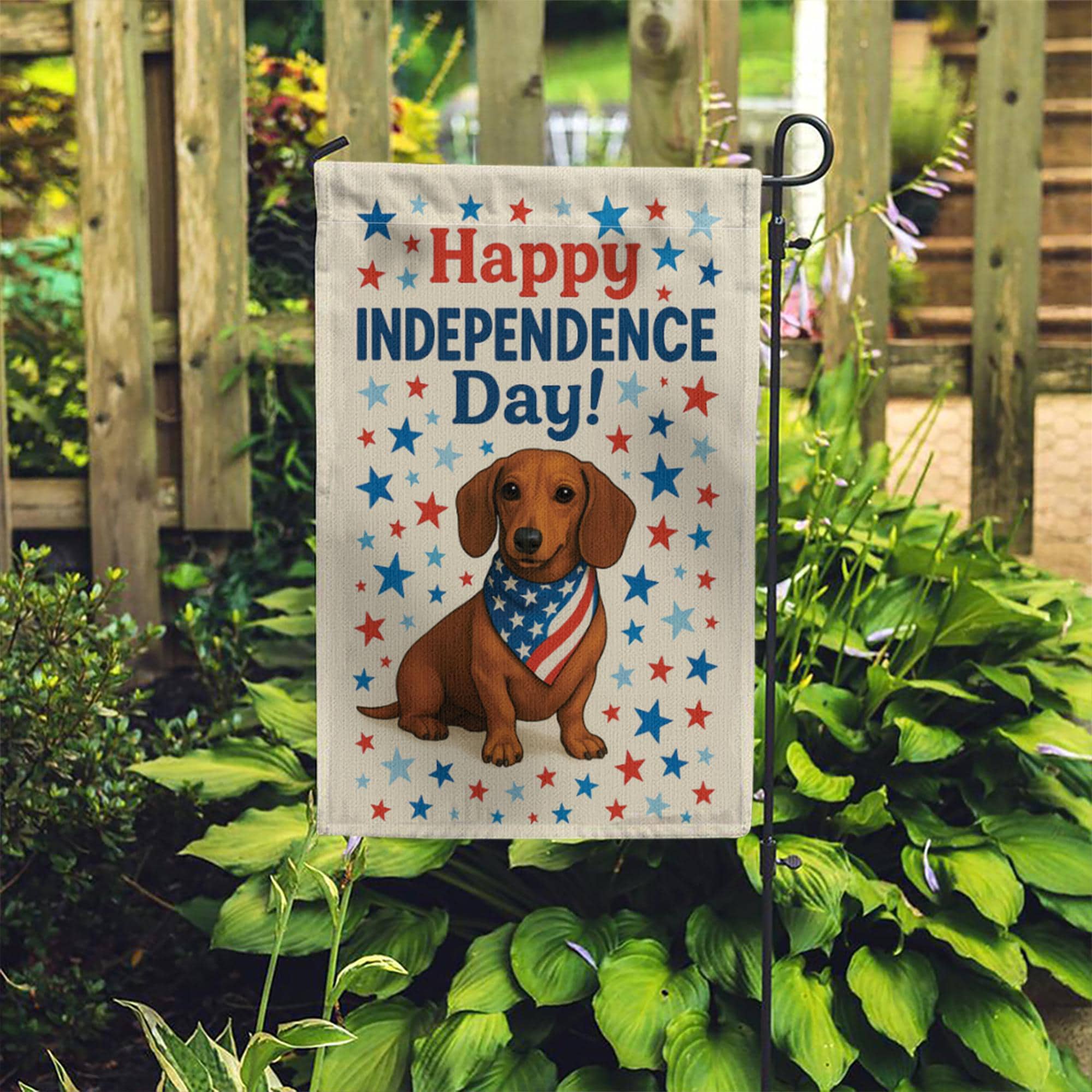Dachshund Happy Independence Day Garden Flag – Patriotic 4th of July Yard Decor with Dog and Stars, American Outdoor Decoration