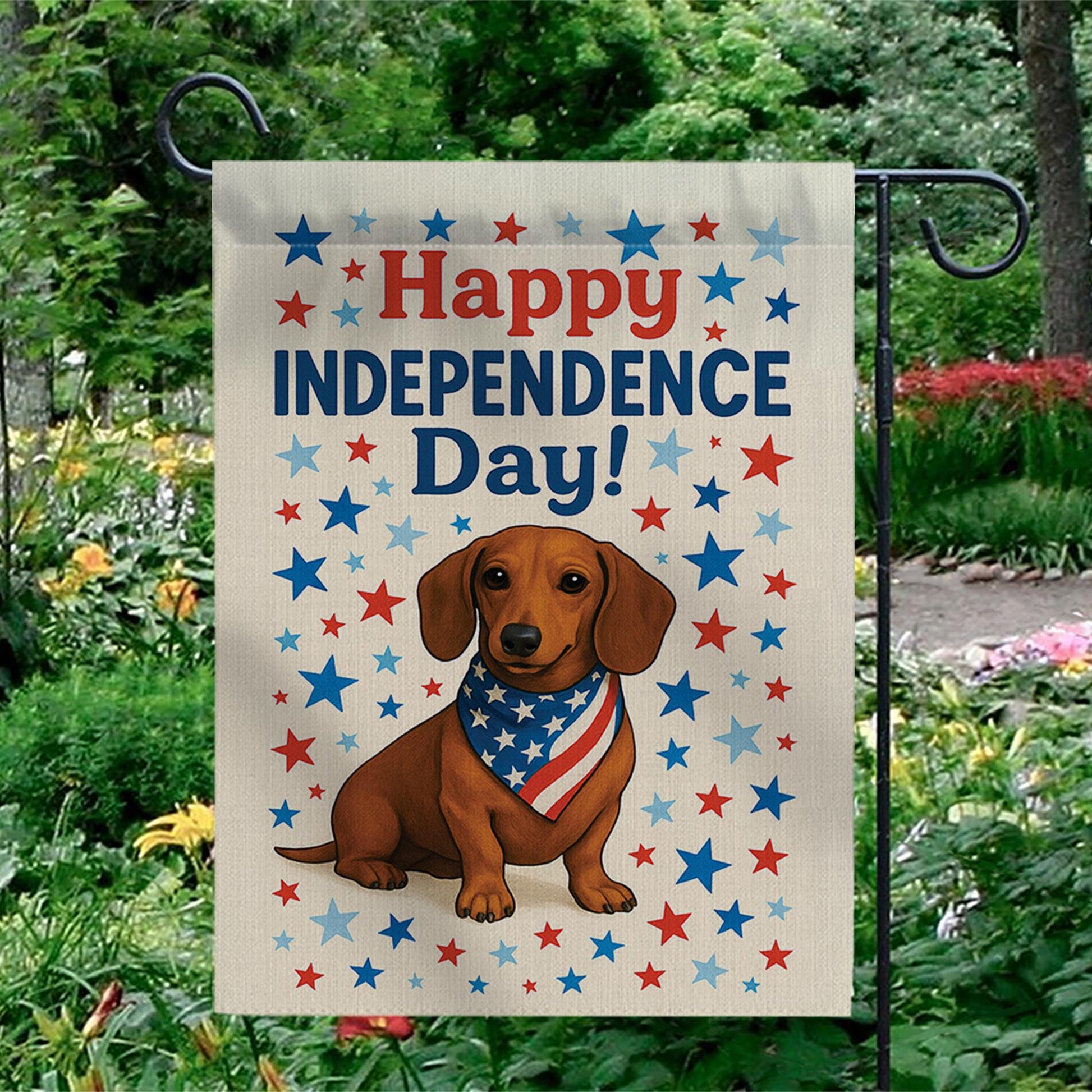 Dachshund Happy Independence Day Garden Flag – Patriotic 4th of July Yard Decor with Dog and Stars, American Outdoor Decoration