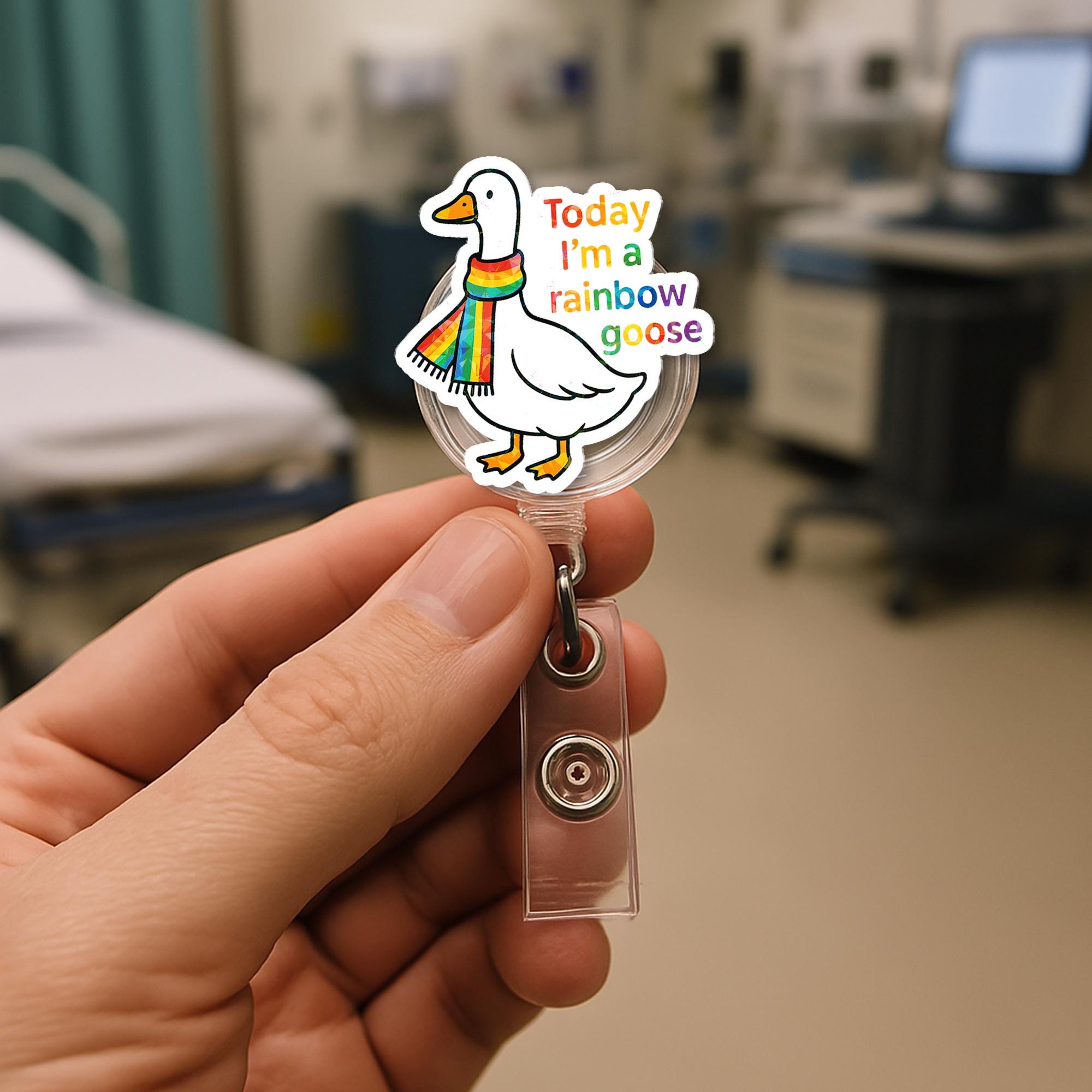 Rainbow Goose Badge Reel – Cute LGBT ID Holder with Pride Scarf, Funny LGBTQ+ Work Accessory for Nurses, Teachers, and Allies