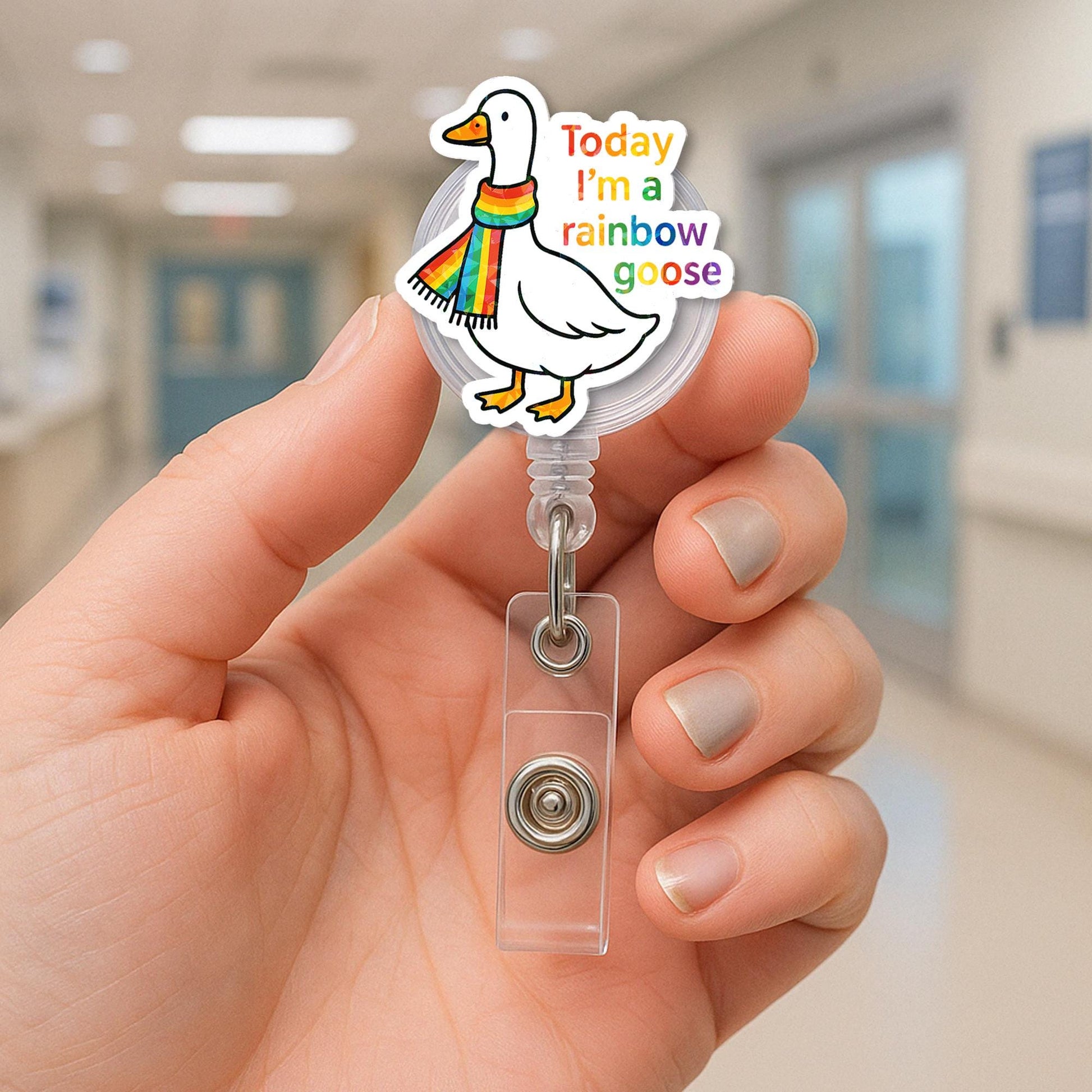 Rainbow Goose Badge Reel – Cute LGBT ID Holder with Pride Scarf, Funny LGBTQ+ Work Accessory for Nurses, Teachers, and Allies
