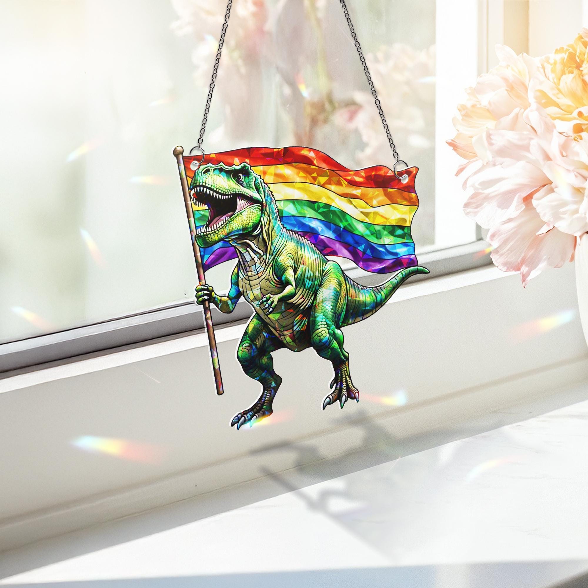 Pride Dinosaur Acrylic Window Hanging – Rainbow T-Rex LGBTQ+ Hanging, Funny LGBT Decor for Windows, Gifts for Allies & Pride Lovers