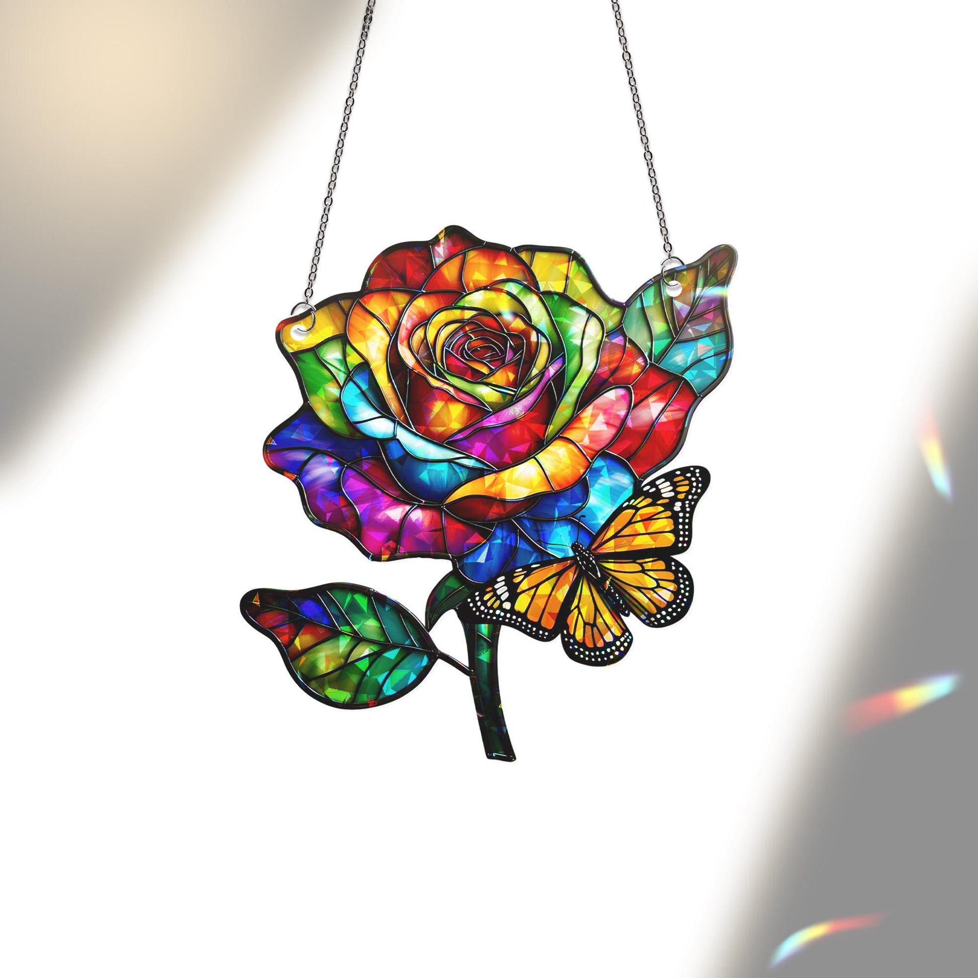 Rainbow Rose Acrylic Window Hanging with Butterfly – Colorful Floral Suncatcher, Pride Window Decor, Summer Gift, LGBTQ+ Window Art