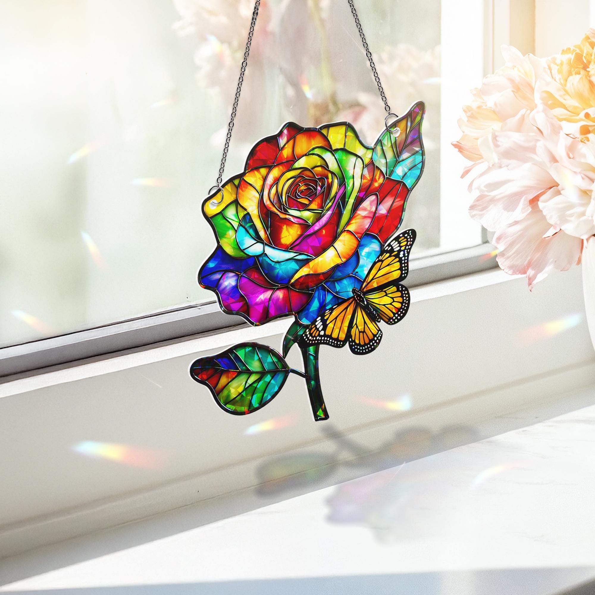 Rainbow Rose Acrylic Window Hanging with Butterfly – Colorful Floral Suncatcher, Pride Window Decor, Summer Gift, LGBTQ+ Window Art