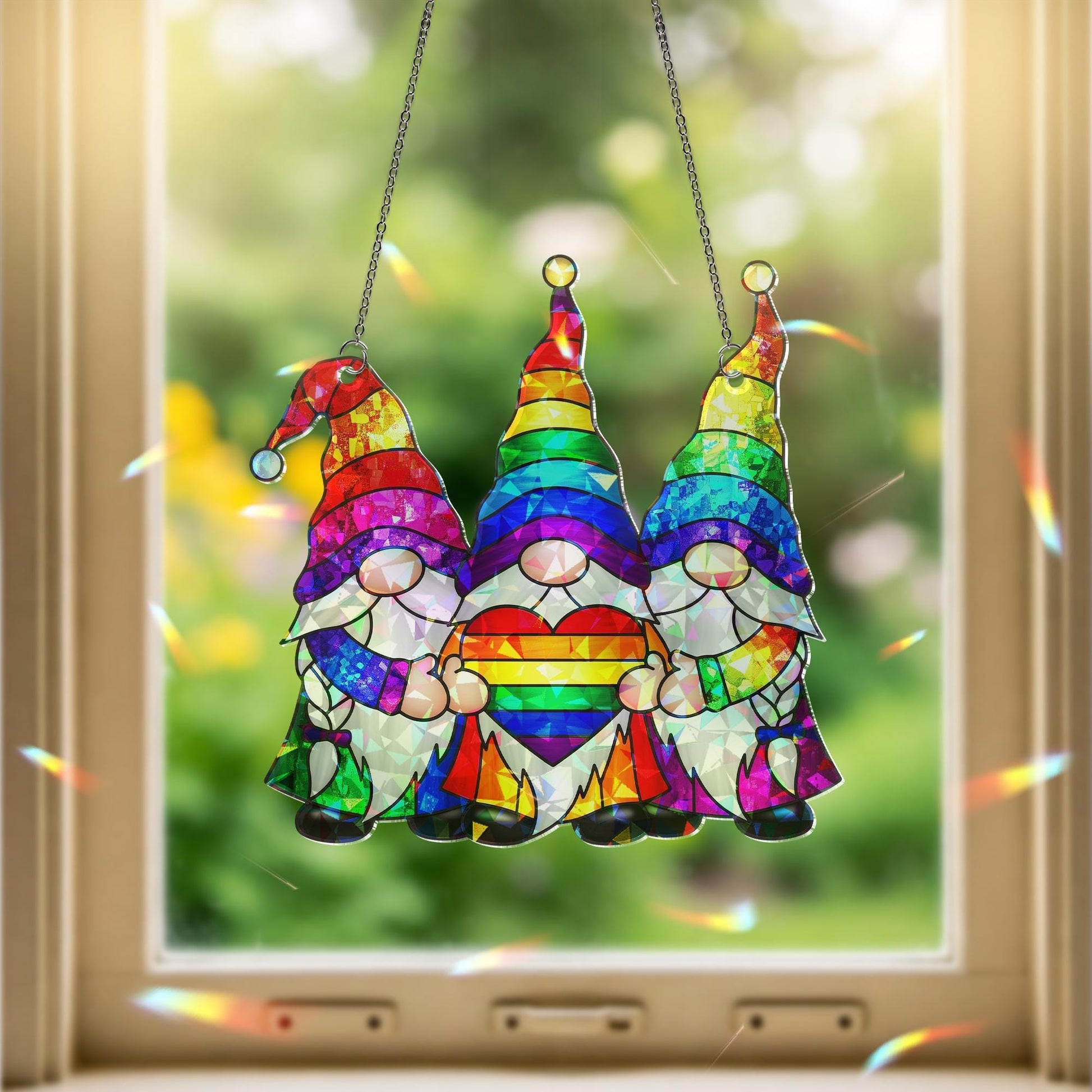Rainbow Gnomes Pride ACRYLIC Window Hanging, Trio with Heart Home Decor, LGBTQ+ Window Decor, Colorful Unity Gift for Pride Month, Queer Art
