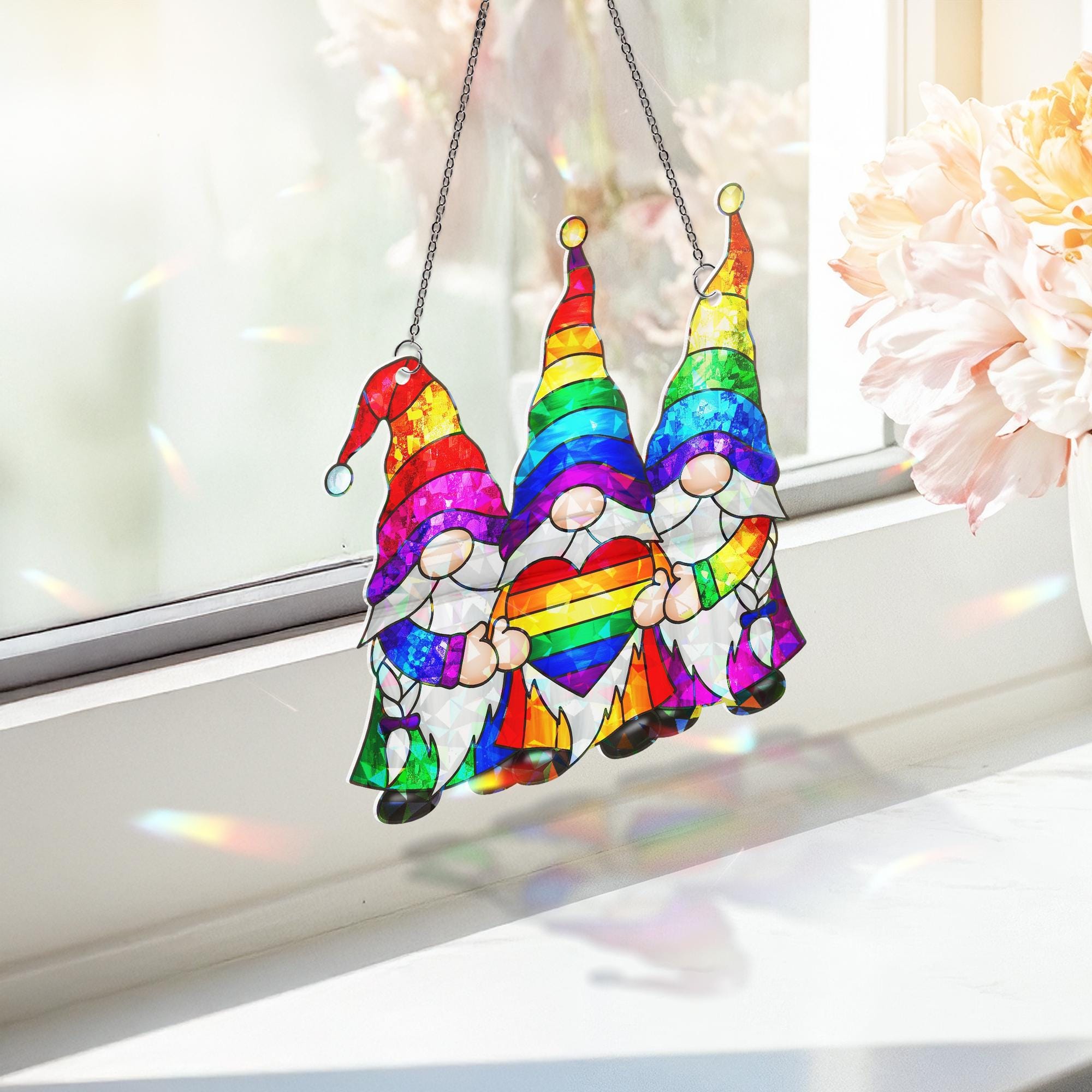 Rainbow Gnomes Pride ACRYLIC Window Hanging, Trio with Heart Home Decor, LGBTQ+ Window Decor, Colorful Unity Gift for Pride Month, Queer Art