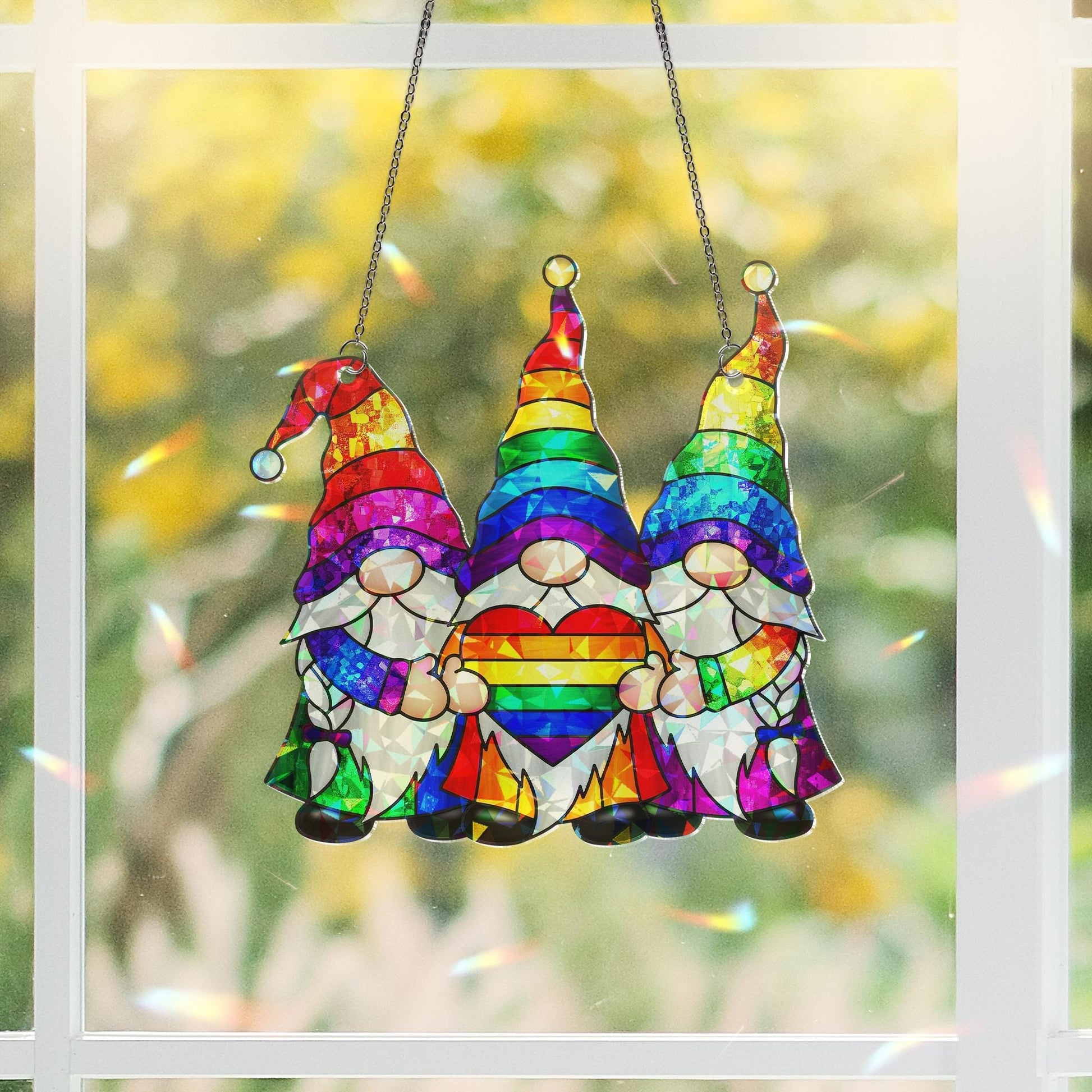 Rainbow Gnomes Pride ACRYLIC Window Hanging, Trio with Heart Home Decor, LGBTQ+ Window Decor, Colorful Unity Gift for Pride Month, Queer Art