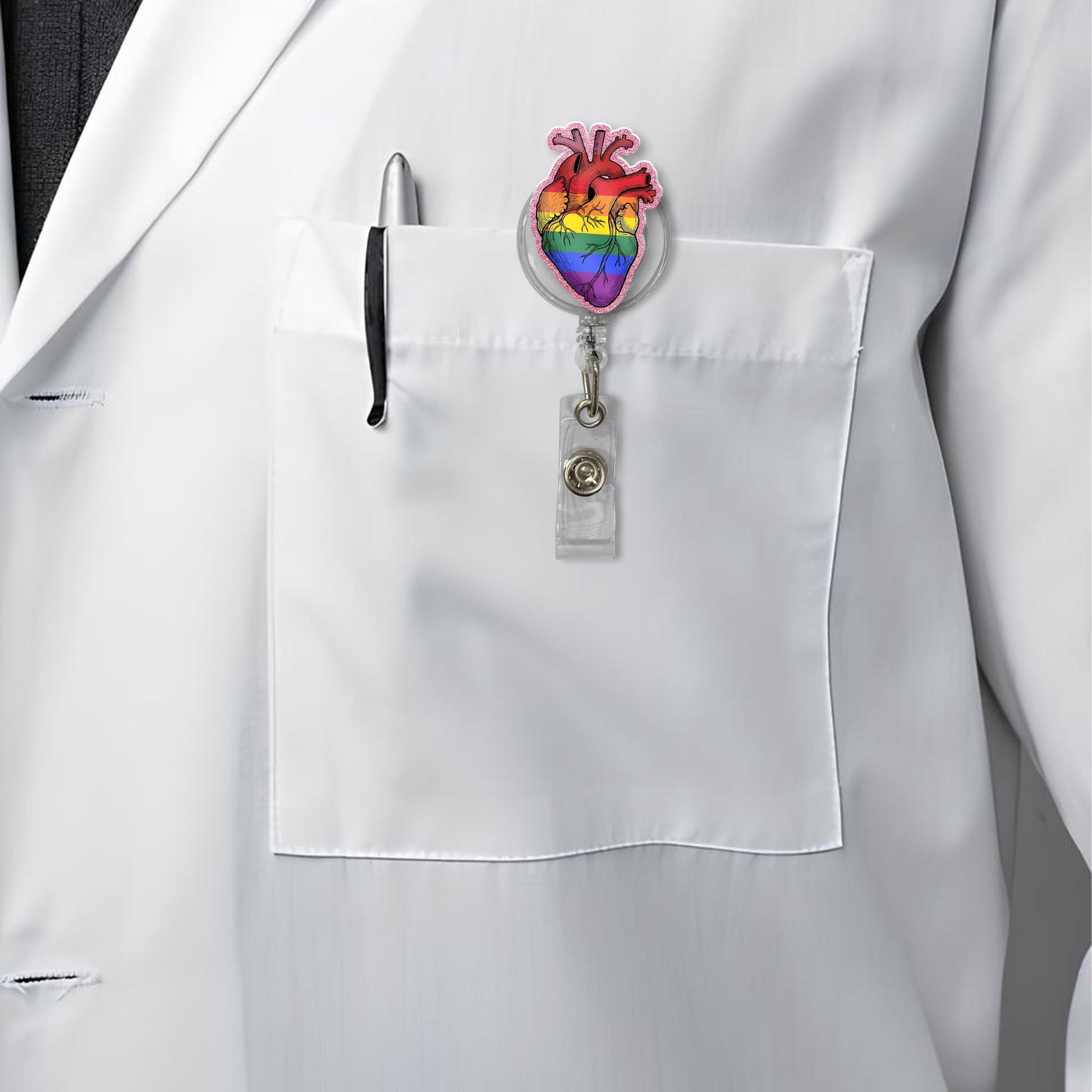 Rainbow Heart FAUX Glitter Badge Reel, LGBTQ Pride ID Holder, Anatomical Heart Clip, Nurse Gift, Queer Accessory, Colorful Badge Reel