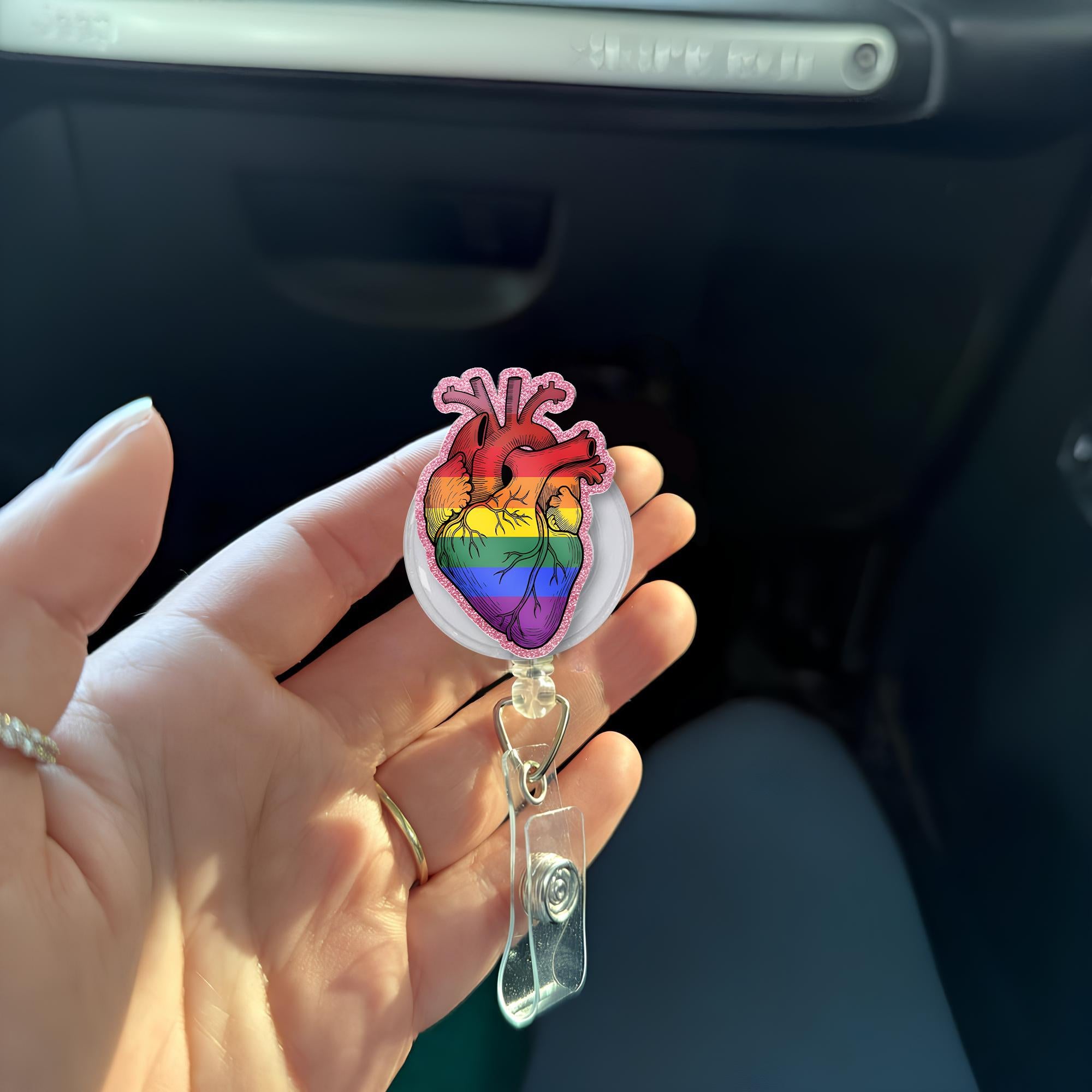 Rainbow Heart FAUX Glitter Badge Reel, LGBTQ Pride ID Holder, Anatomical Heart Clip, Nurse Gift, Queer Accessory, Colorful Badge Reel