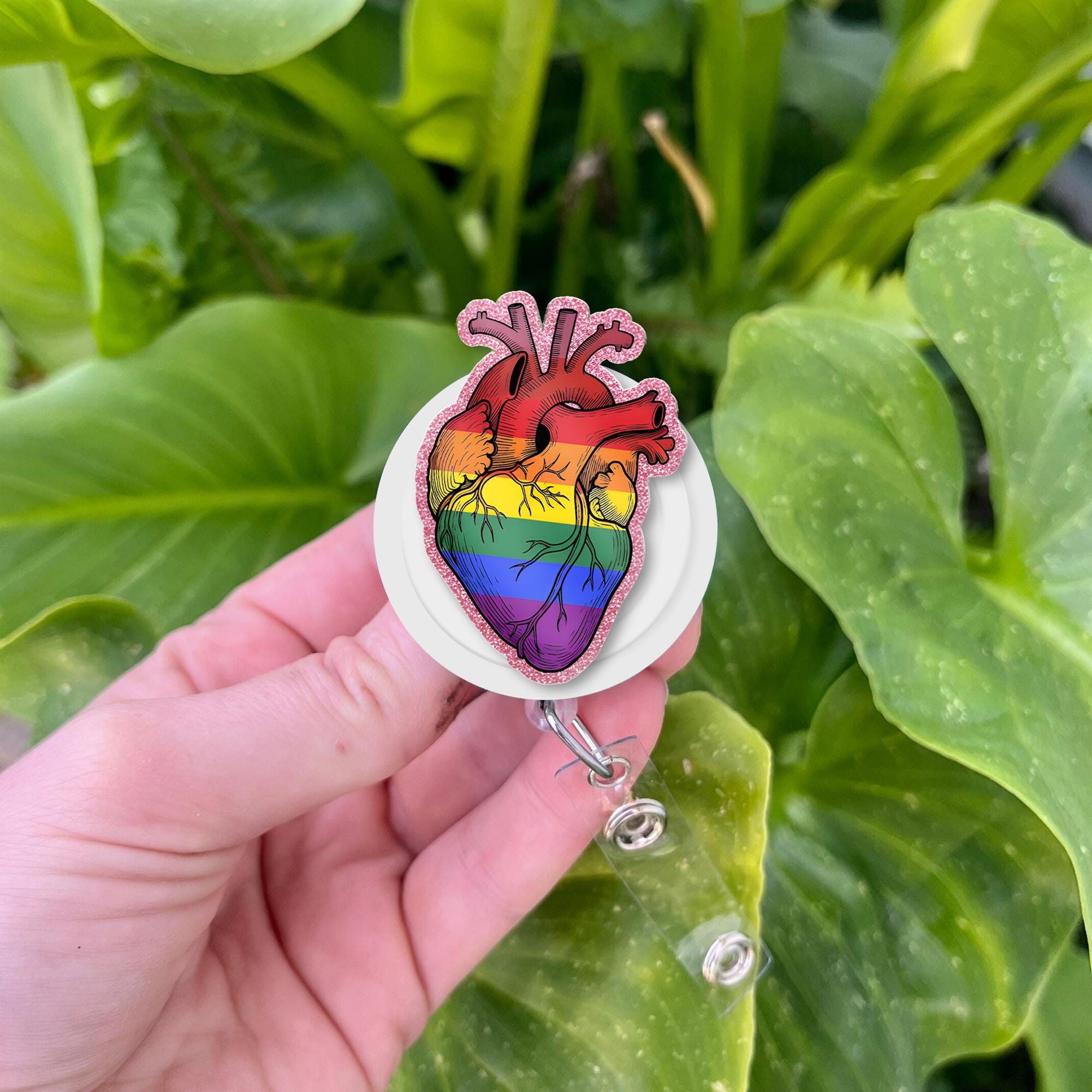 Rainbow Heart FAUX Glitter Badge Reel, LGBTQ Pride ID Holder, Anatomical Heart Clip, Nurse Gift, Queer Accessory, Colorful Badge Reel