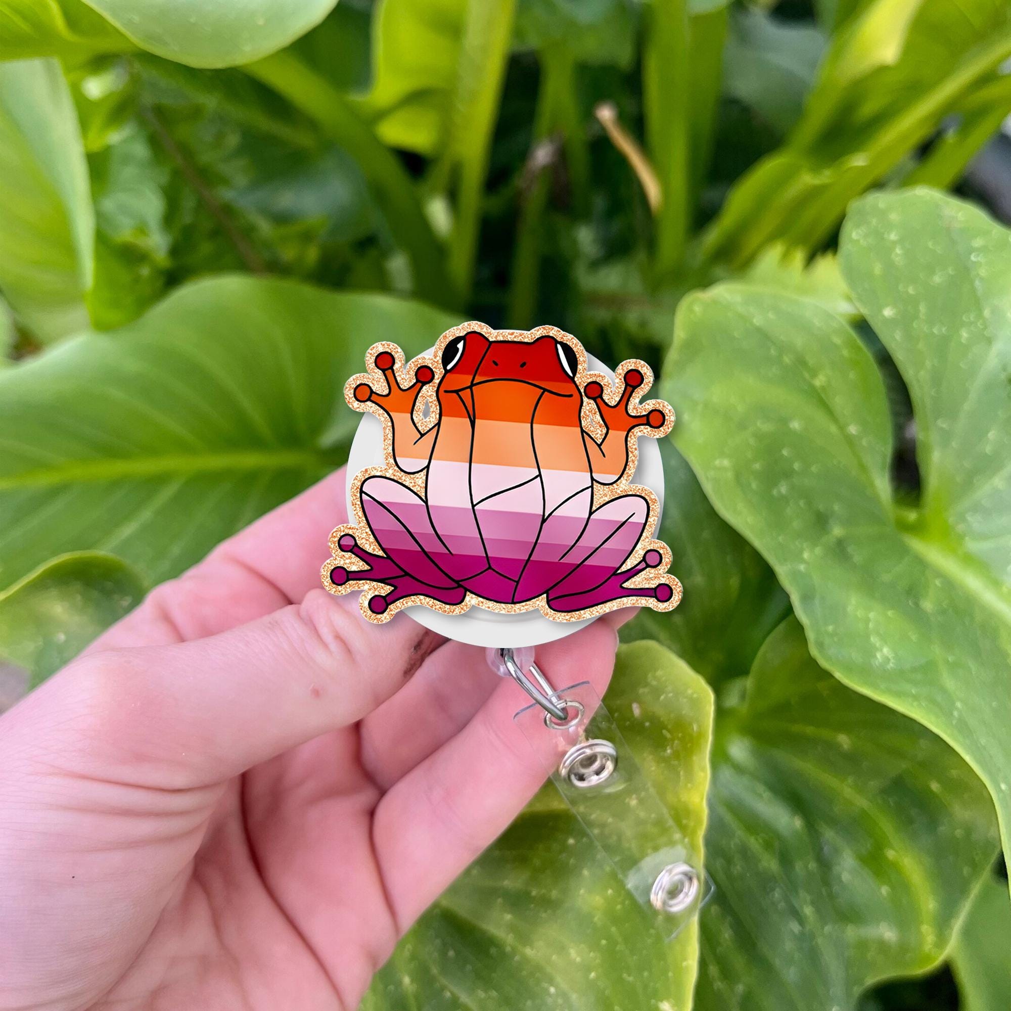 Lesbian Frog FAUX Glitter Badge Reel, Pride ID Holder, Cute LGBTQ Nurse Clip, Fun Queer Accessory, Colorful Badge Reel, Gift for Coworker